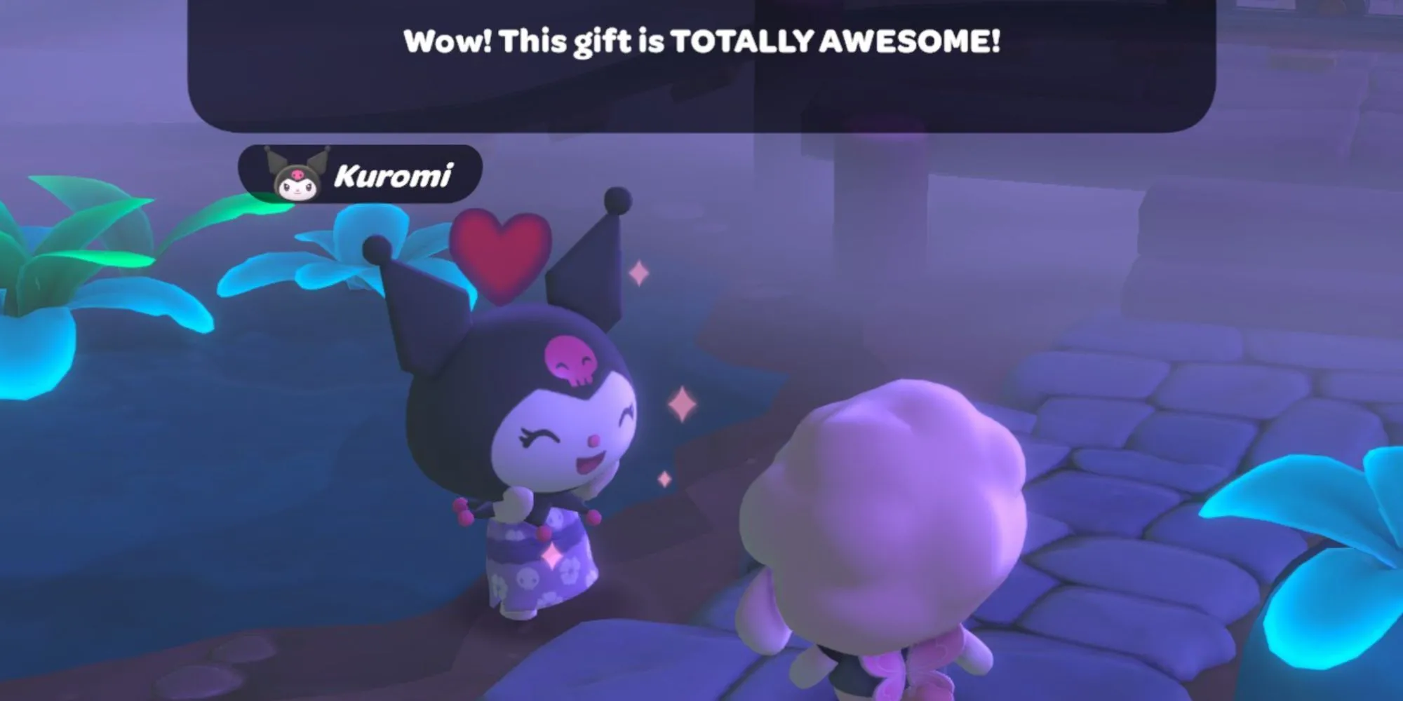 Người chơi tặng quà cho Kuromi để tăng tình bạn trong Hello Kitty Island Adventure
