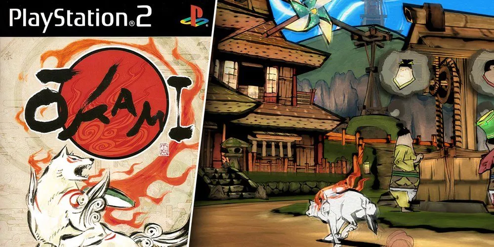Nhân vật Amaterasu trong game Okami với đồ họa phong cách thủy mặc độc đáo trên PS2