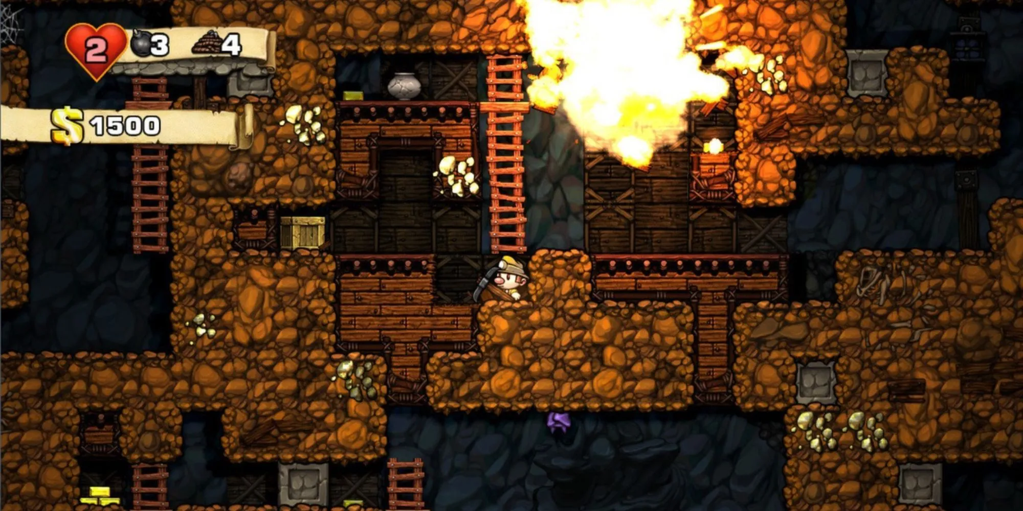 Nhân vật chính đang khám phá hang động trong game roguelike platformer Spelunky