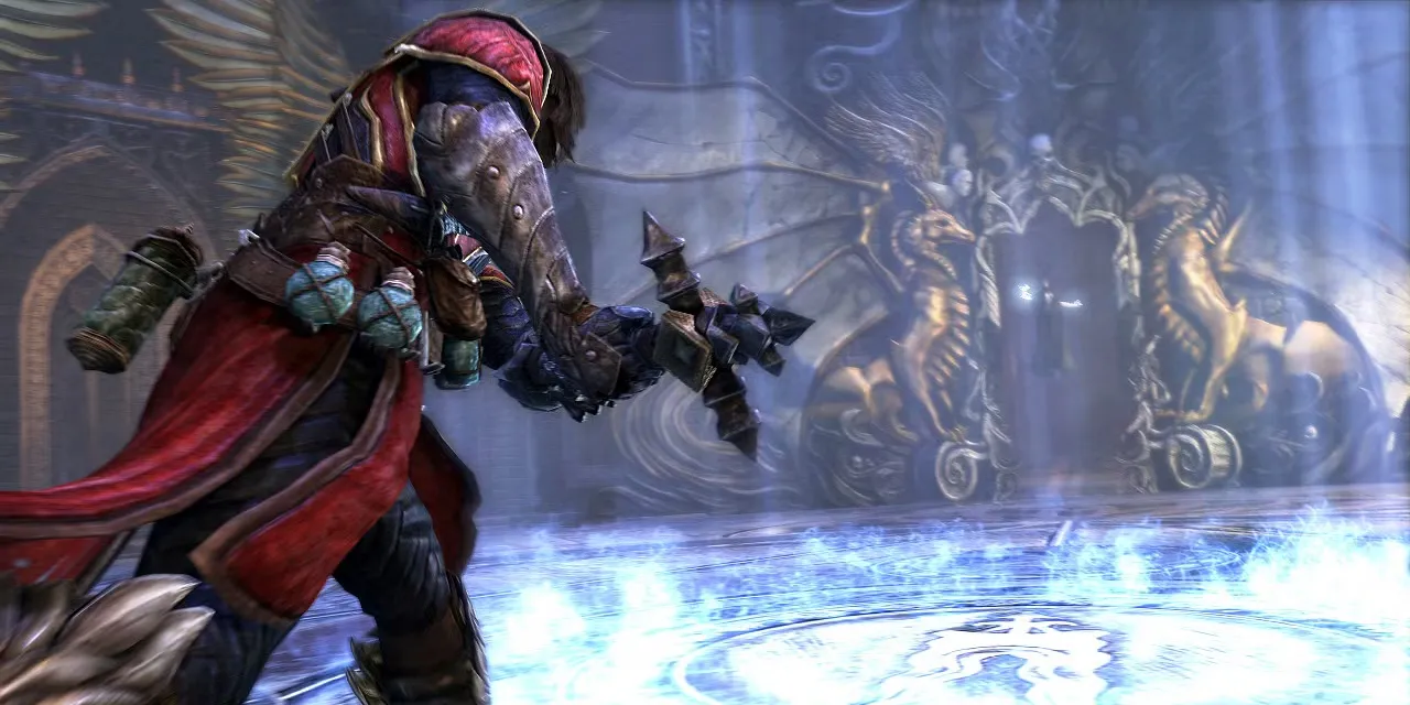 Nhân vật chính Gabriel Belmont trong Castlevania: Lords of Shadow chiến đấu với kẻ thù trong một môi trường tối tăm.