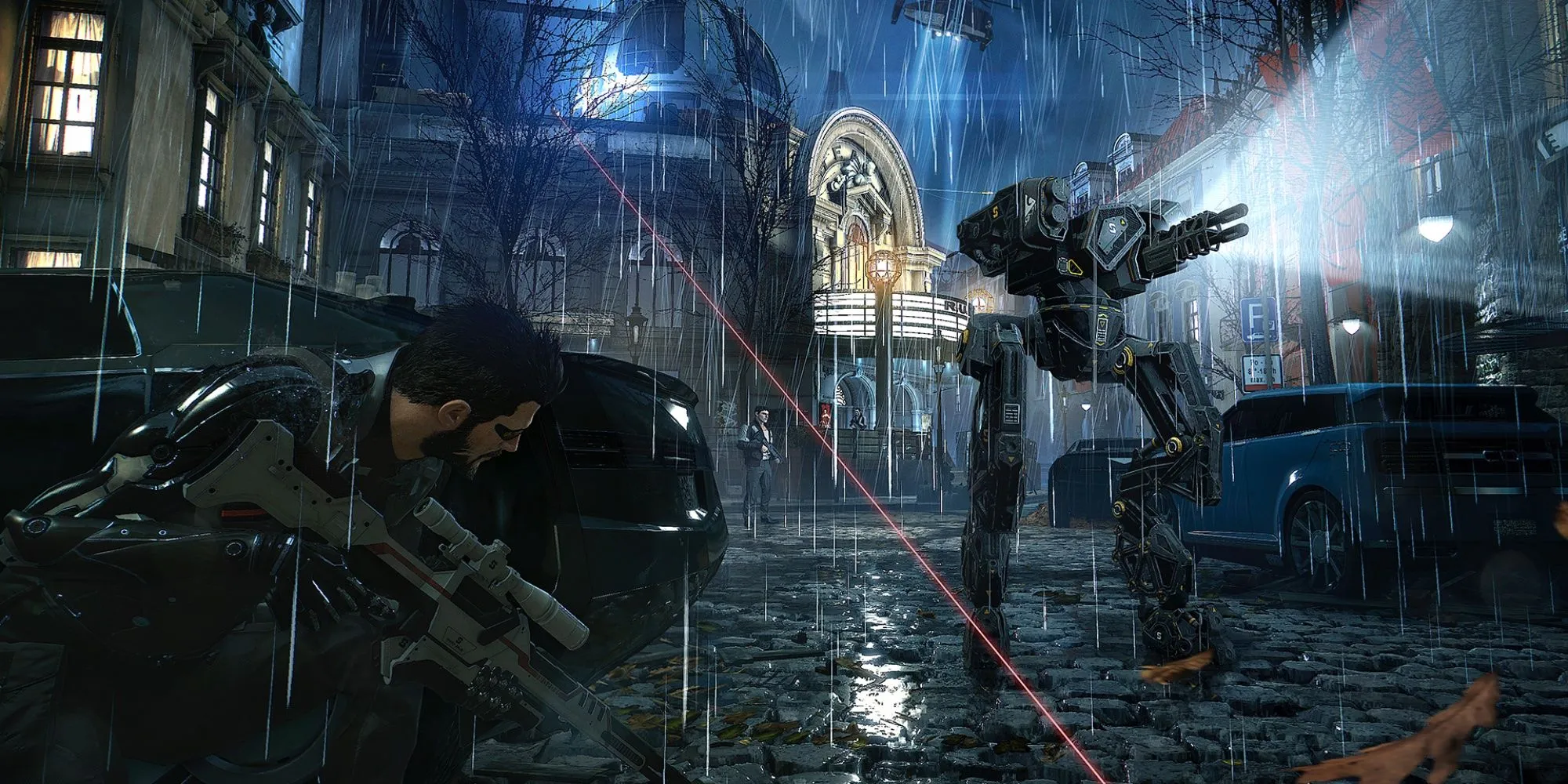 Nhân vật chính trong Deus Ex: Mankind Divided đang ẩn nấp khỏi robot địch