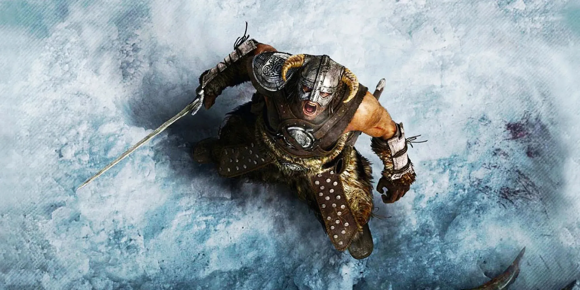 Nhân vật Dragonborn trong Skyrim sử dụng tuyệt kỹ Fus Ro Dah từ trên cao nhìn xuống