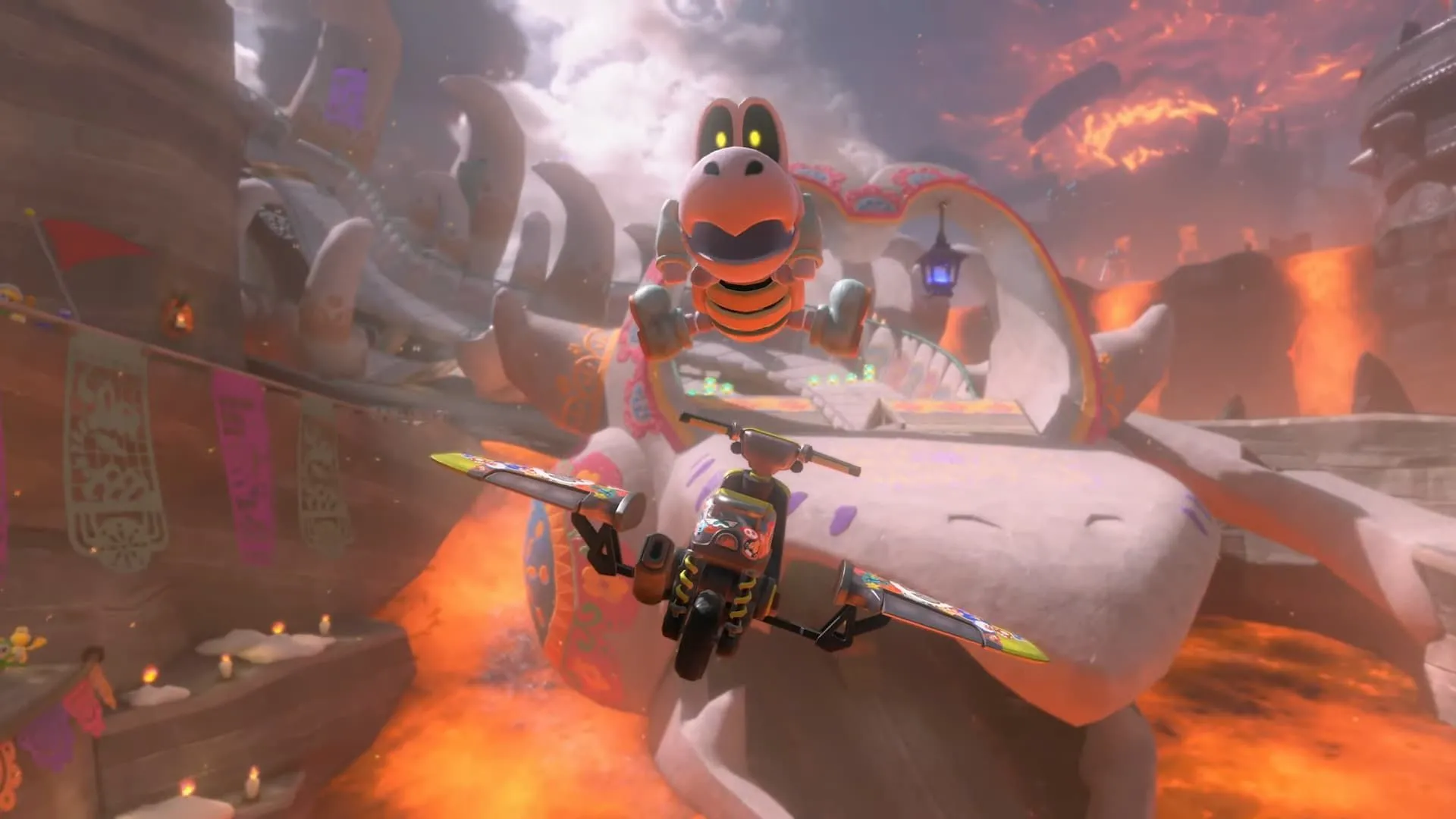 Nhân vật Dry Bones đang bay trên không trong Mario Kart World Direct