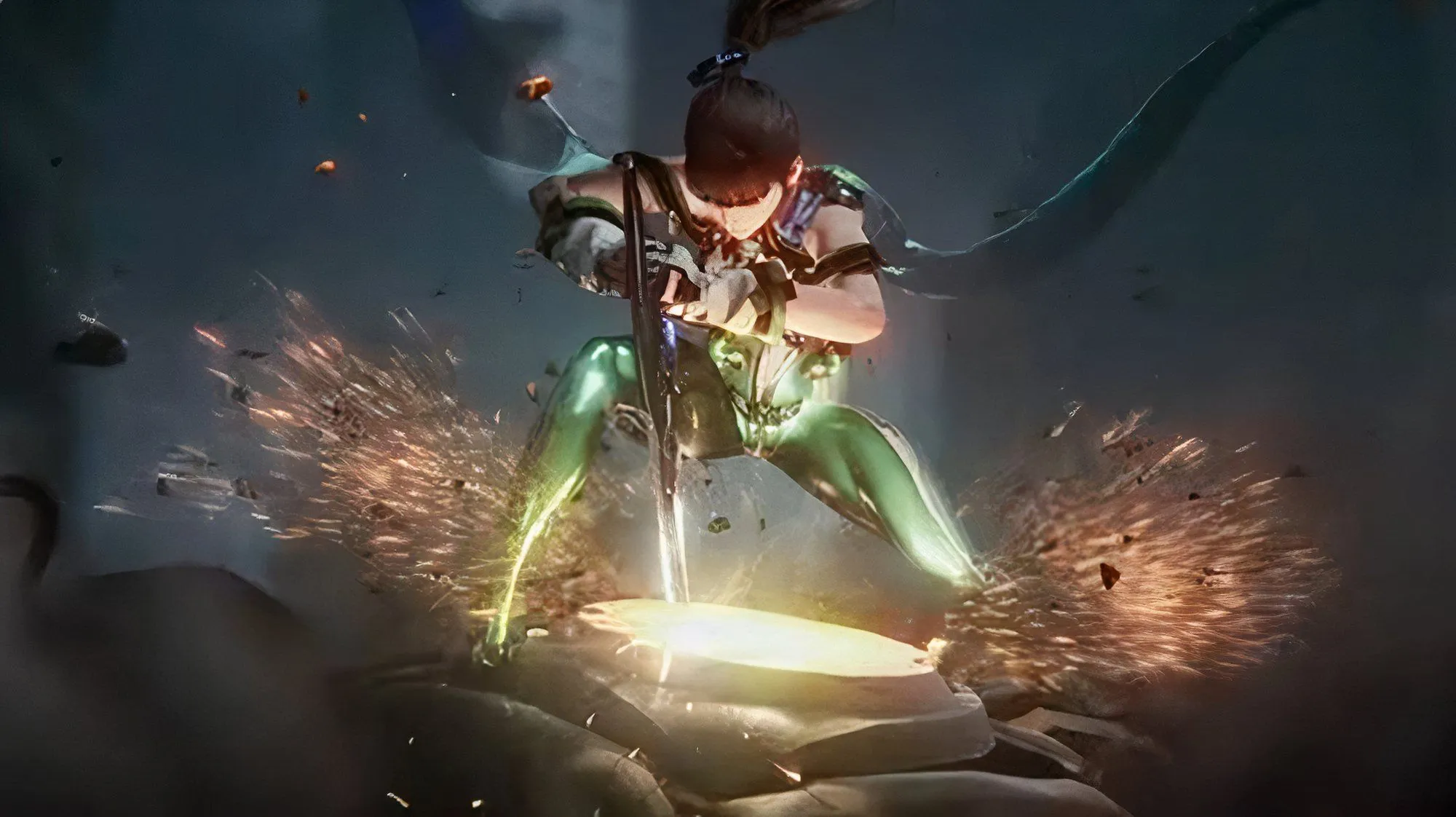 Nhân vật Eve từ game Stellar Blade trong trang phục crossover với Goddess of Victory: Nikke, thể hiện sự kết hợp giữa hai tựa game thành công của Shift Up.