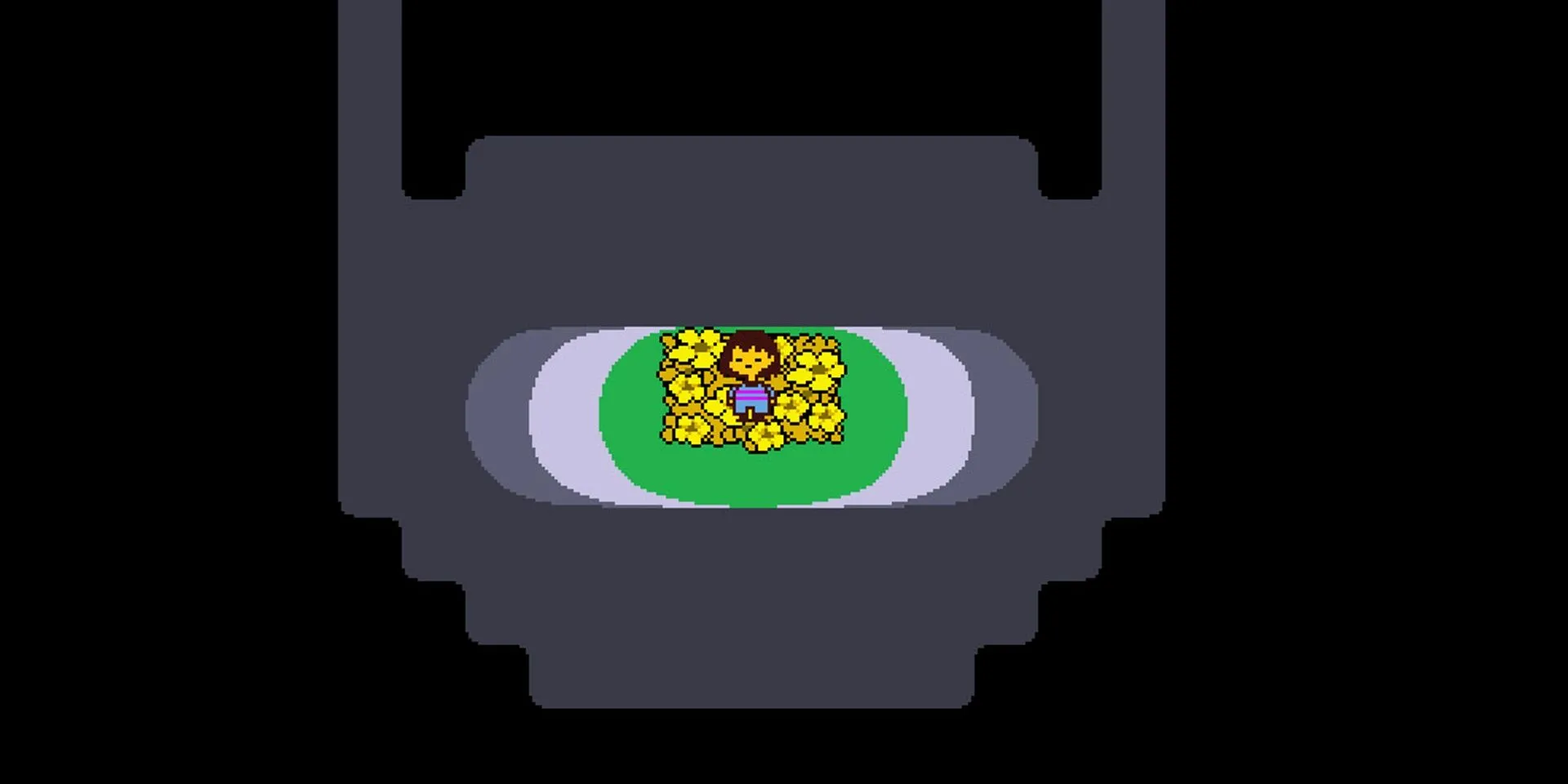 Nhân vật Frisk đứng trên một thảm hoa vàng trong một hang động tối trong game Undertale.