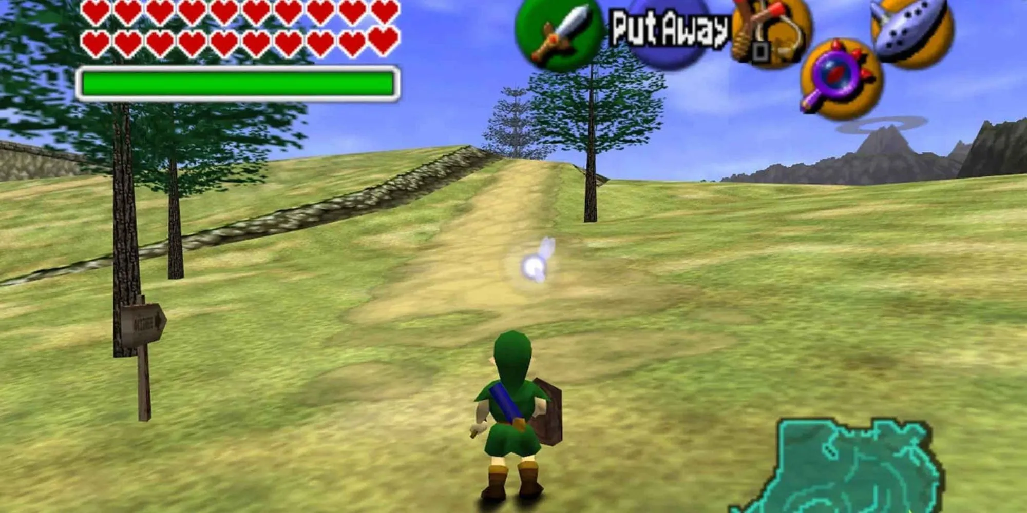 Nhân vật Link đang khám phá thế giới Hyrule rộng lớn trong The Legend of Zelda: Ocarina of Time.
