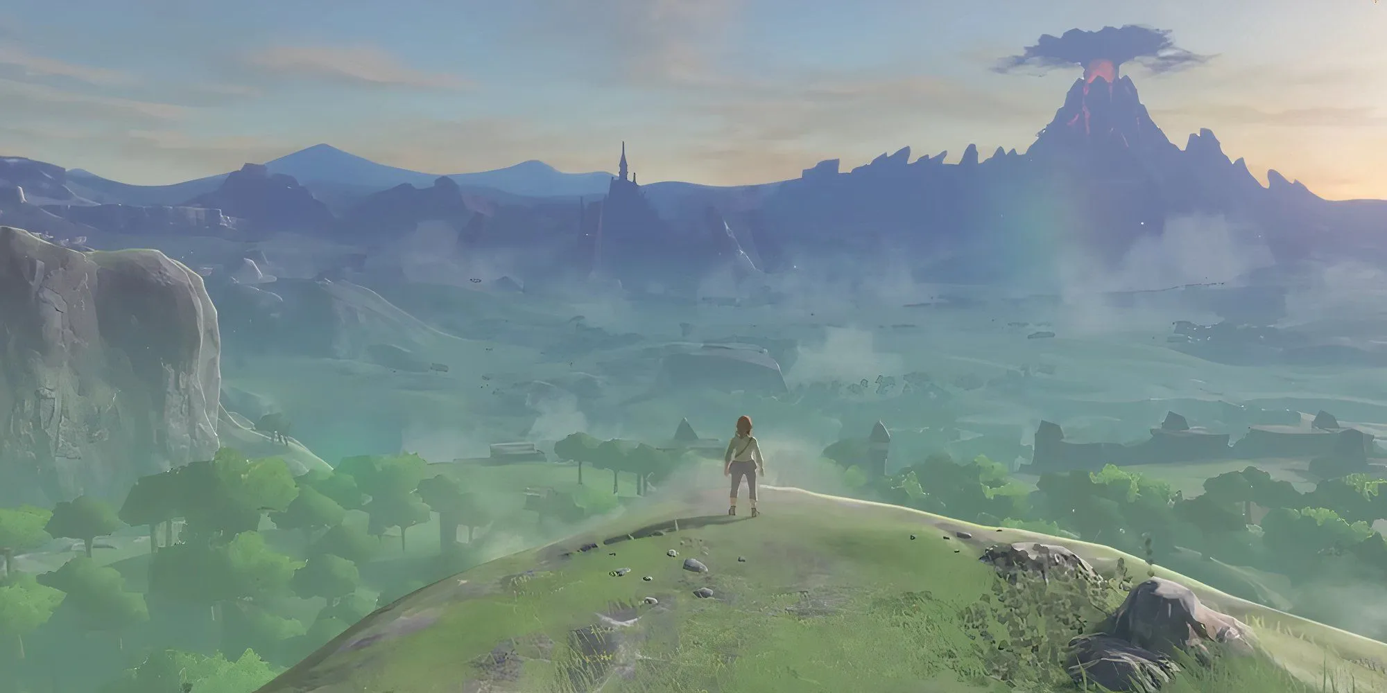 Nhân vật Link trong Zelda Breath of the Wild nhìn ra vùng đất Hyrule rộng lớn