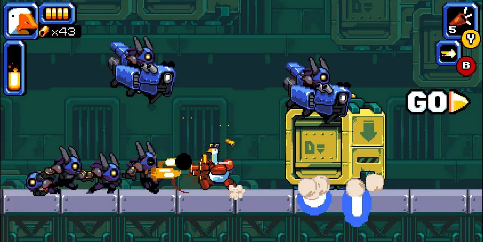 Nhân vật Mighty Goose chiến đấu với đám đông kẻ thù trong game