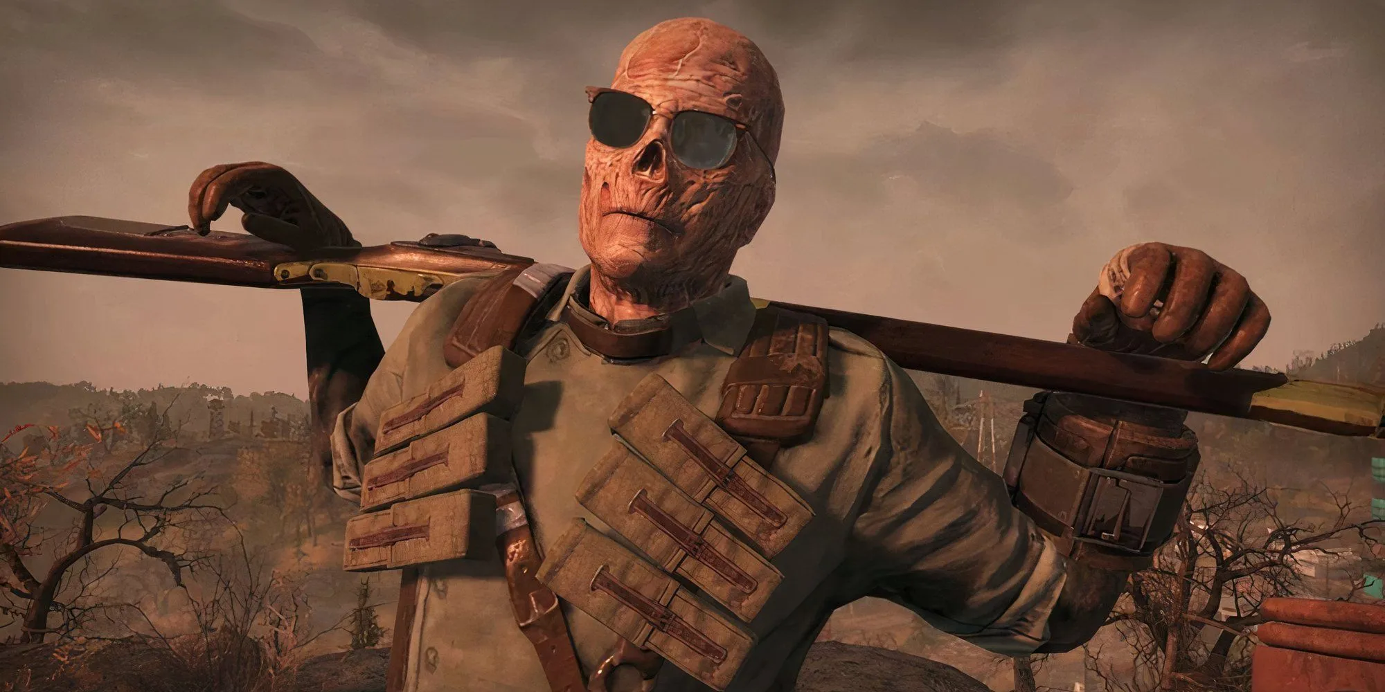 Nhân vật người chơi hóa Ghoul trong Fallout 76 với ngoại hình đặc trưng và vũ khí.