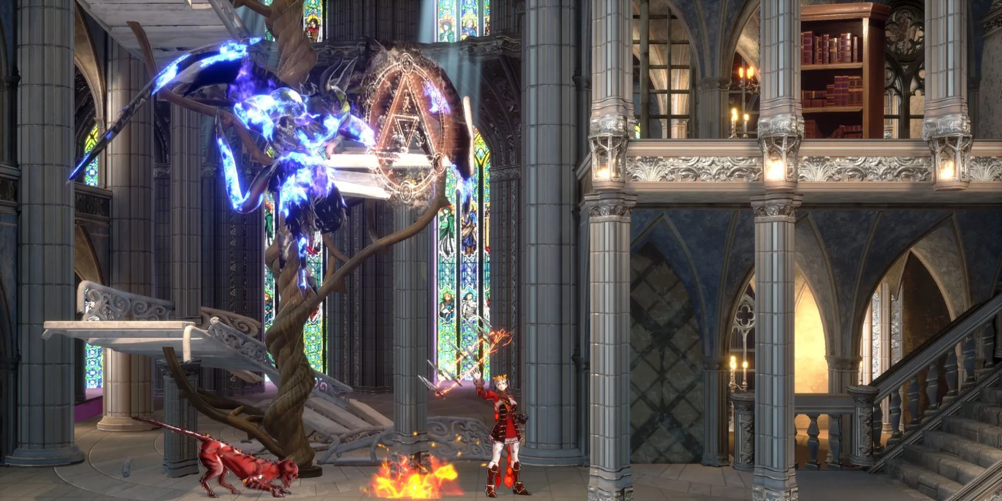 Nhân vật nữ chính Miriam trong Bloodstained: Ritual of the Night với thanh kiếm và ma thuật sẵn sàng chiến đấu.