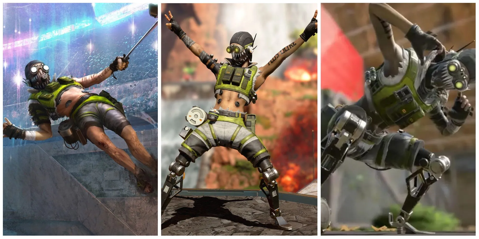 Nhân vật Octane trong Apex Legends đang bay giữa không trung, tạo dáng và chờ lựu đạn phát nổ.