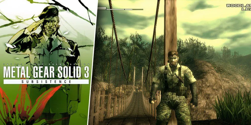 Nhân vật Snake ẩn nấp trong rừng rậm của Metal Gear Solid 3 Subsistence trên PS2
