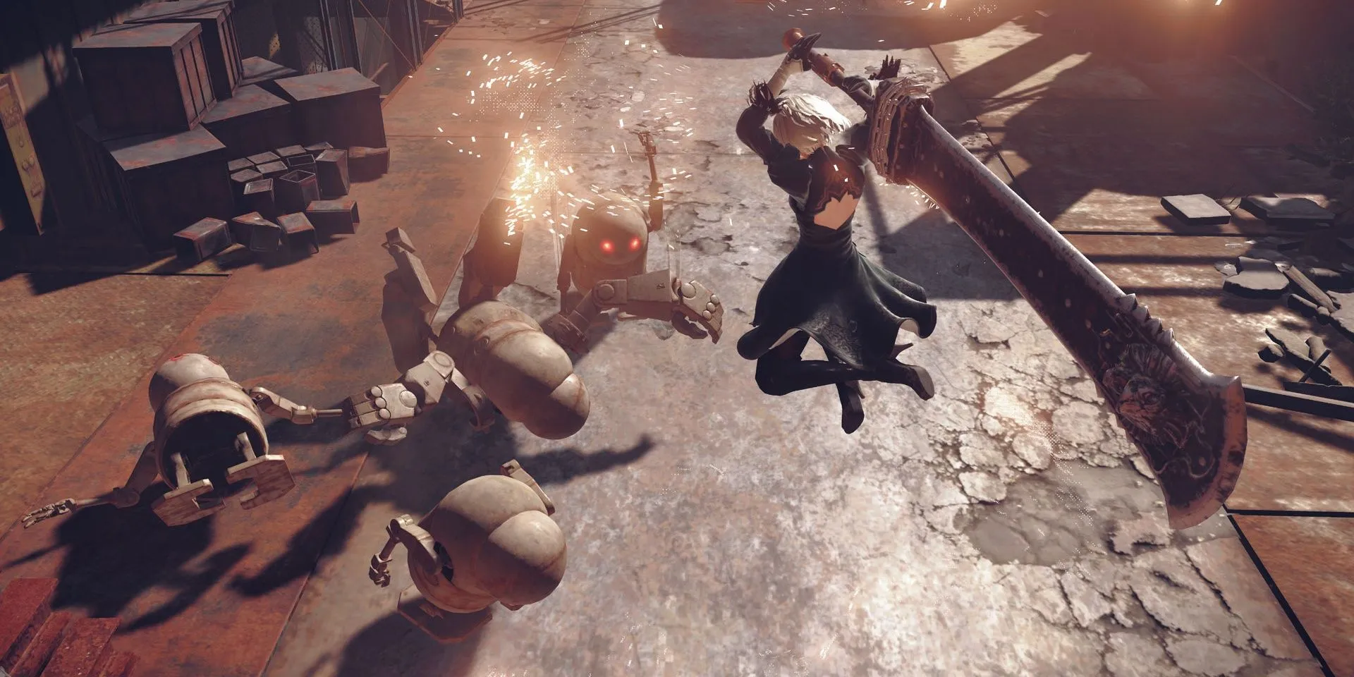 Nữ android 2B vung kiếm trong trận chiến của NieR: Automata