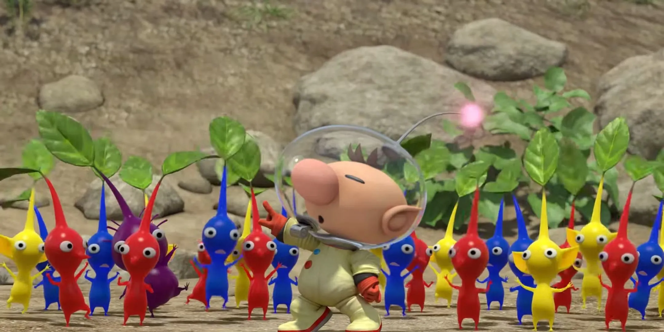 Olimar chỉ huy một nhóm Pikmin đỏ, xanh dương, vàng và tím