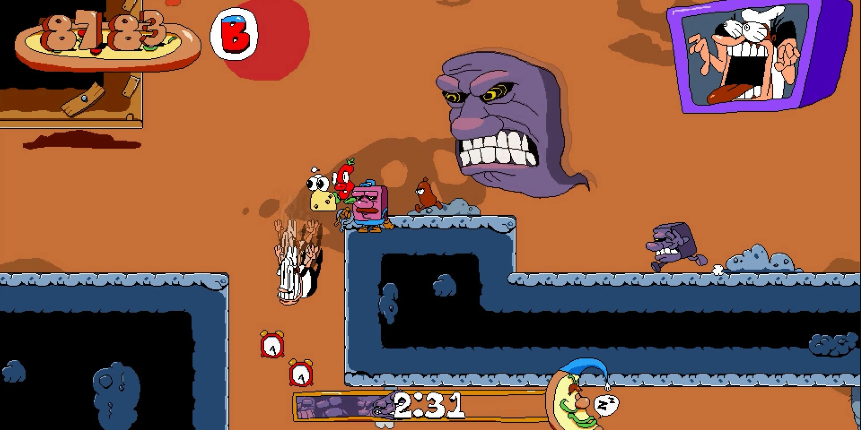 Peppino Spaghetti chạy tốc độ cao trong game platformer Pizza Tower