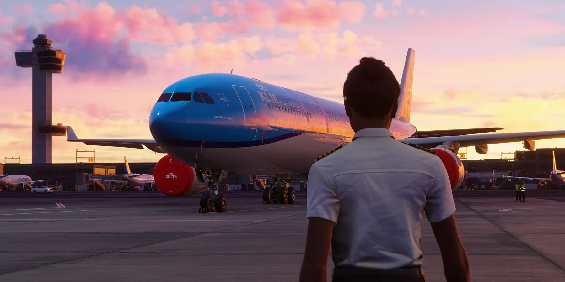 Phi công đứng nhìn máy bay tại sân bay trong Microsoft Flight Simulator 2024