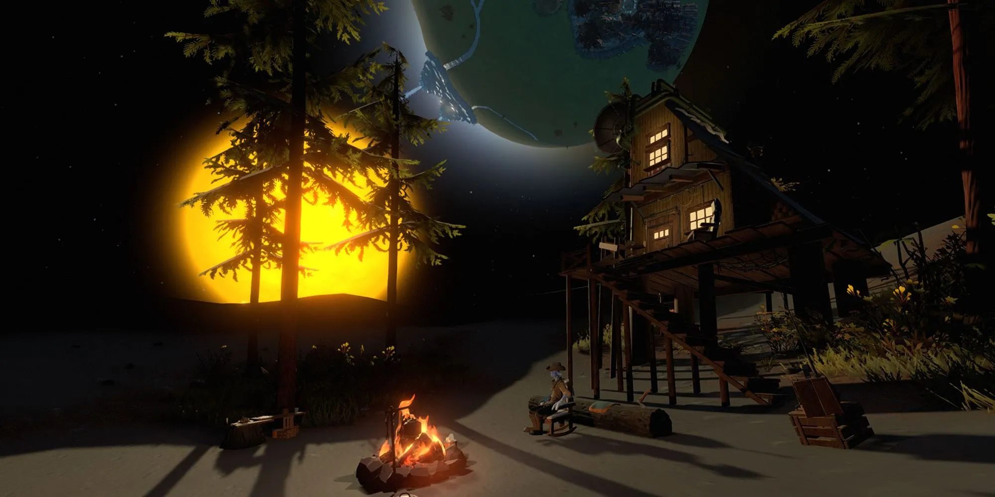Phi hành gia Outer Wilds ngồi bên đống lửa nhìn lên bầu trời đầy sao