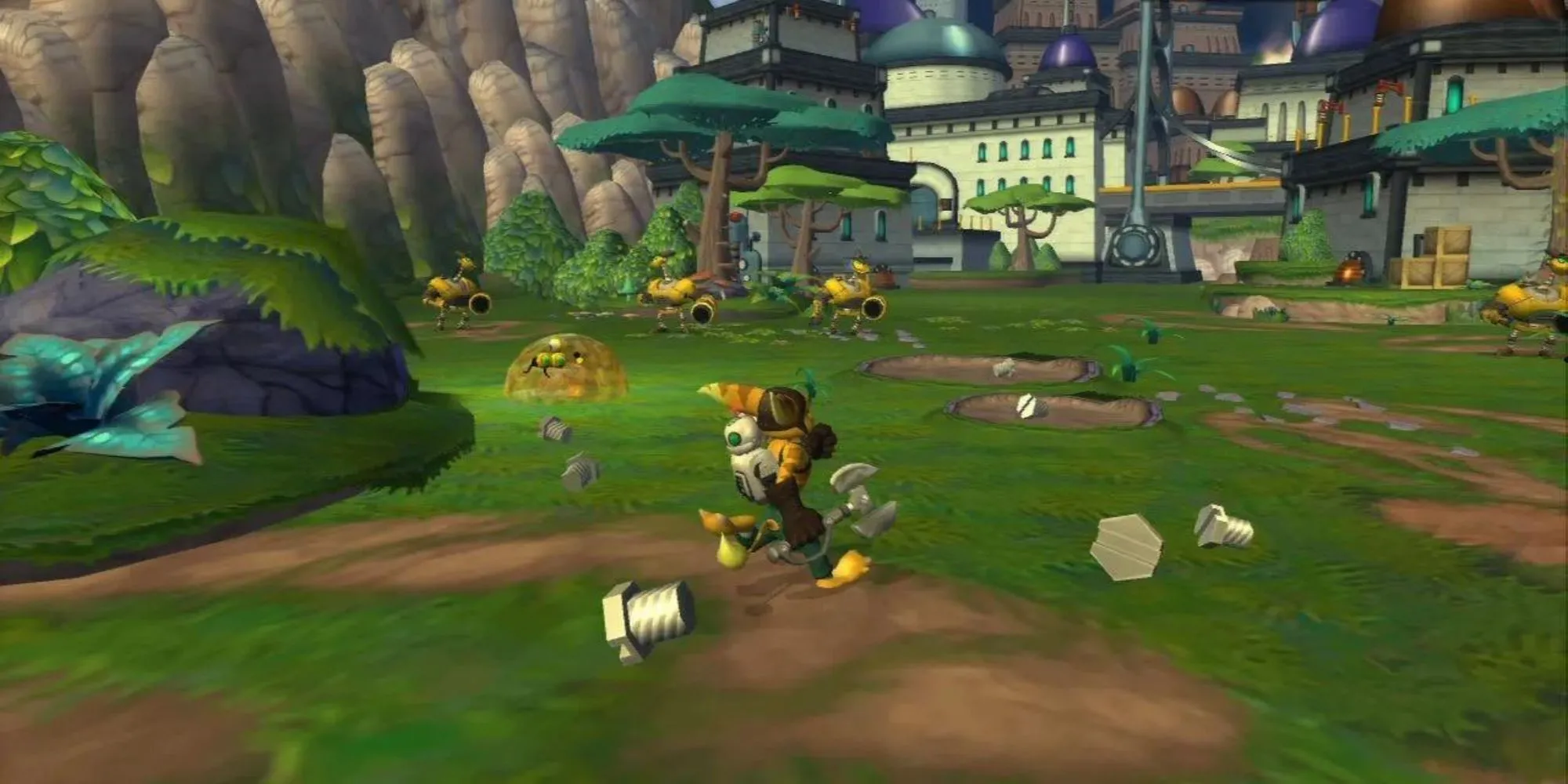 Ratchet và Clank trong một cảnh game platformer hành động trên PS2