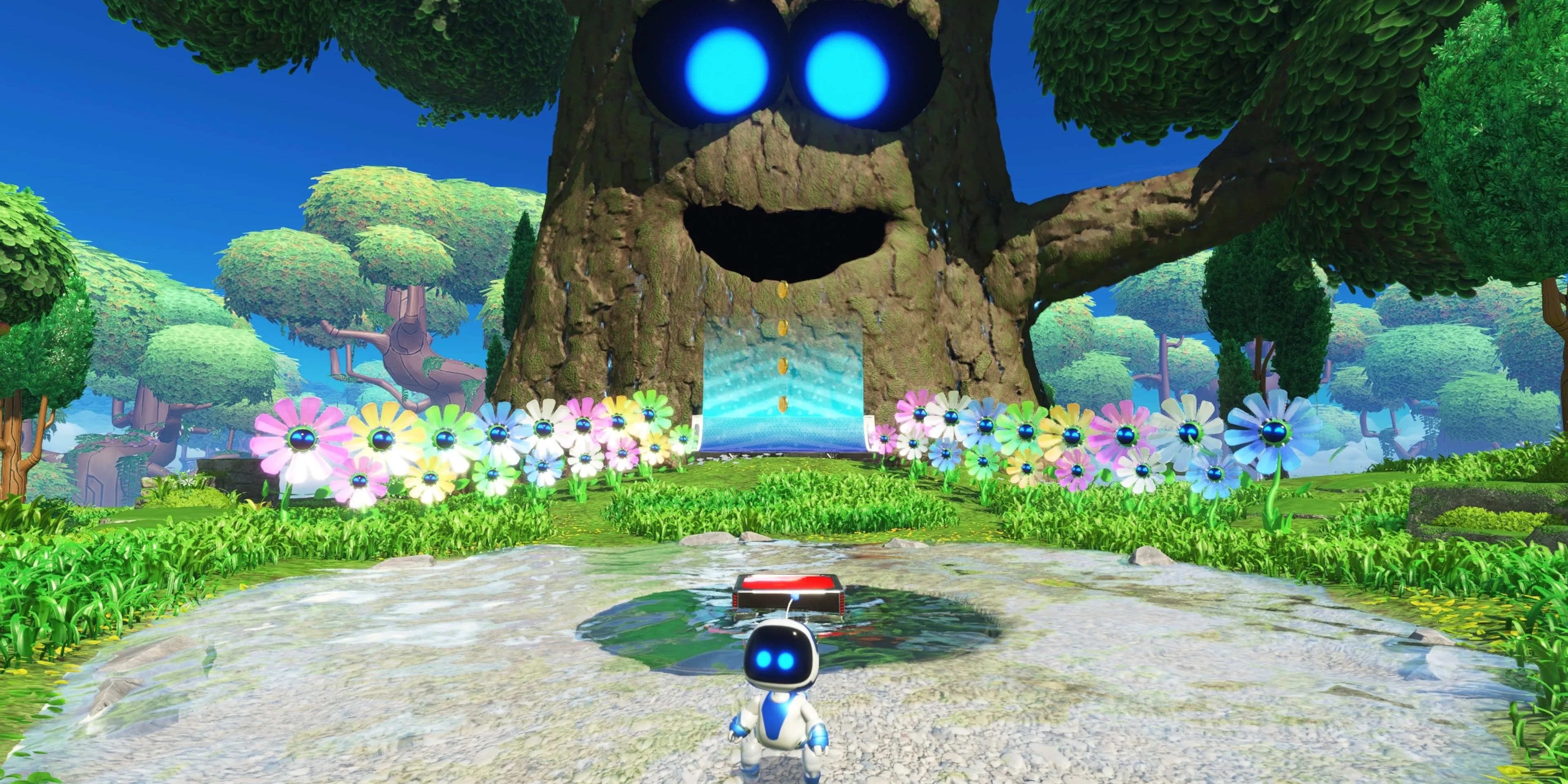 Robot Astro Bot đứng trước cây Funk rực rỡ trong màn chơi của game