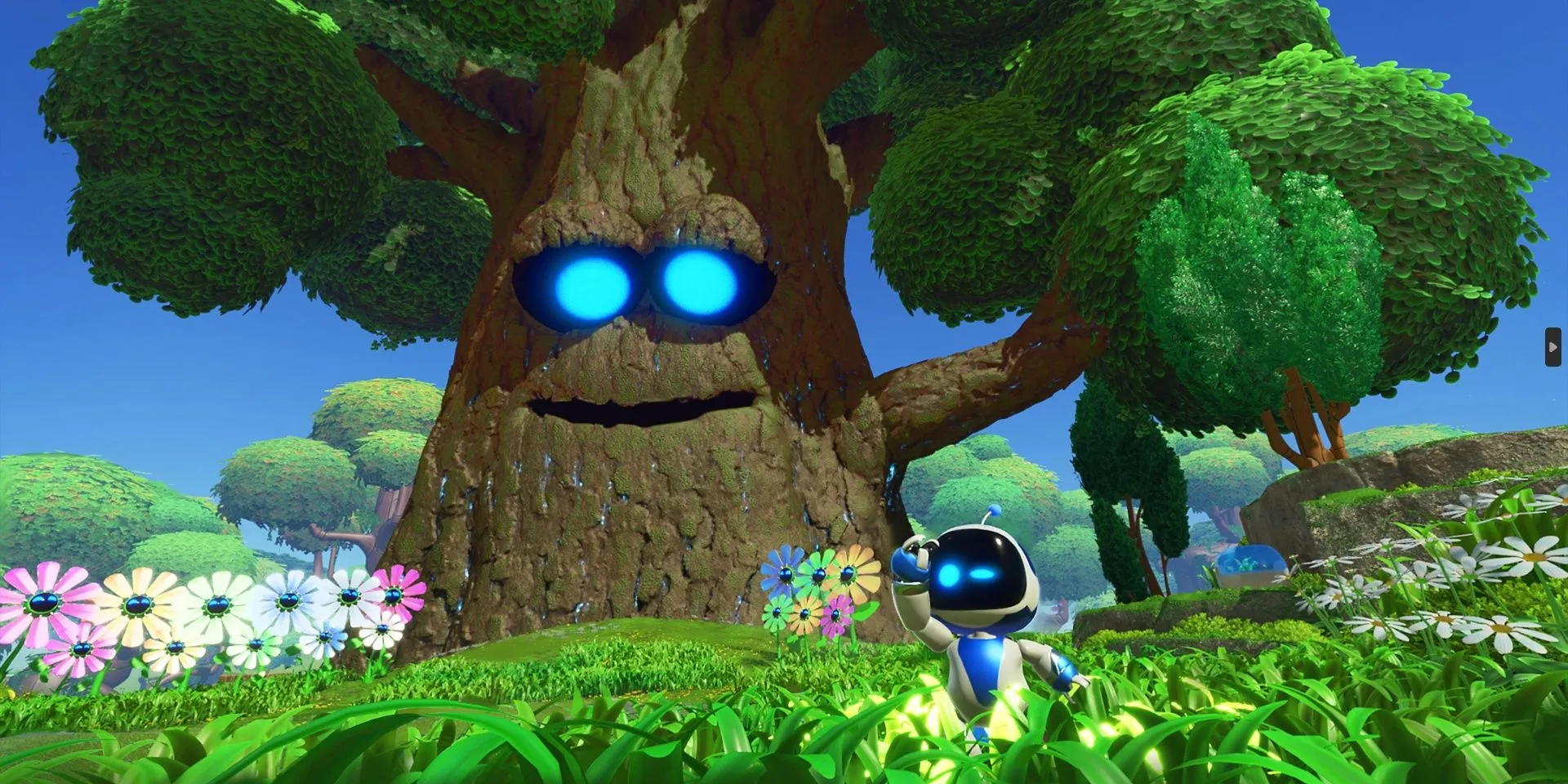 Robot Astro Bot và Papa Tree trong một cảnh game Astro Bot đầy màu sắc
