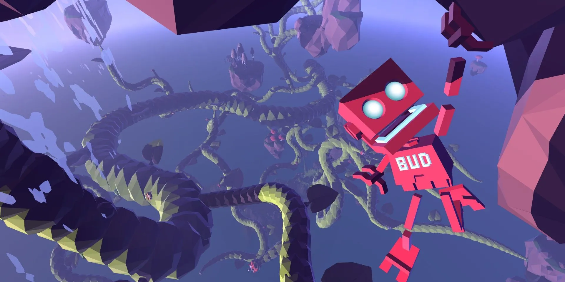 Robot BUD đang leo trèo trên thân cây khổng lồ trong game Grow Home