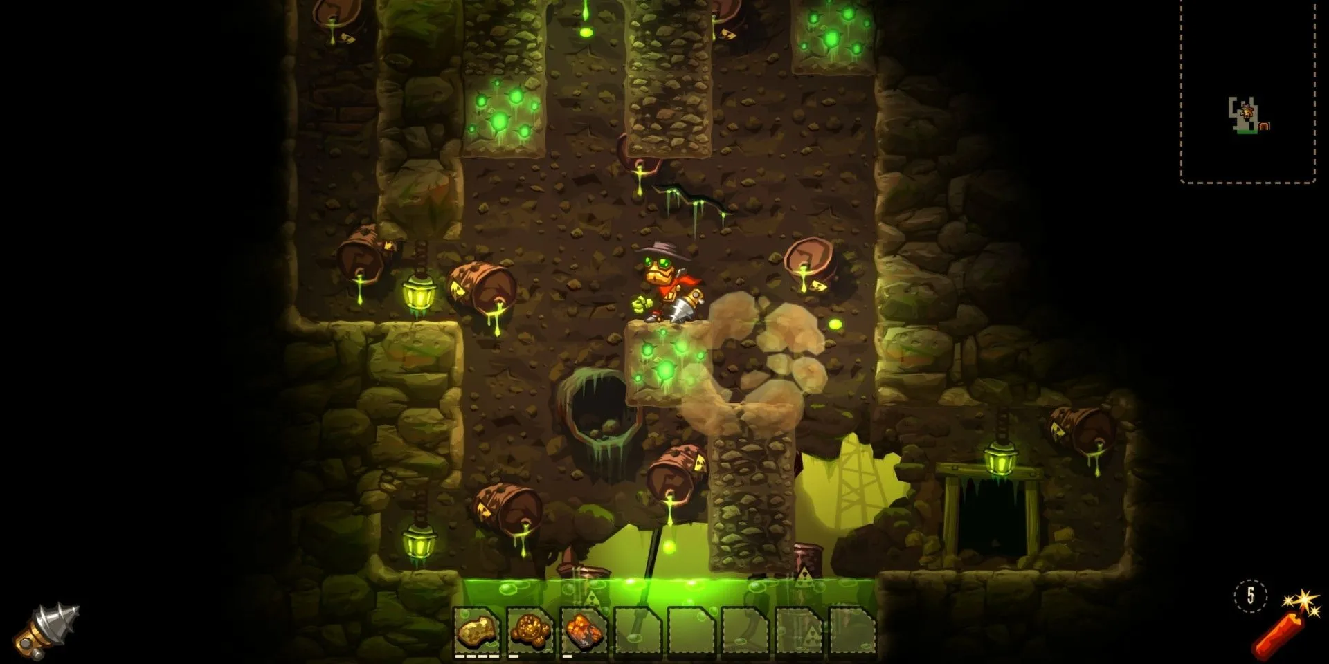 Robot Rusty đứng gần một hồ axit trong hầm mỏ của SteamWorld Dig