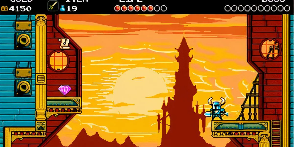 Shovel Knight nhìn ra khung cảnh lâu đài u ám trong game platformer Shovel Knight Treasure Trove