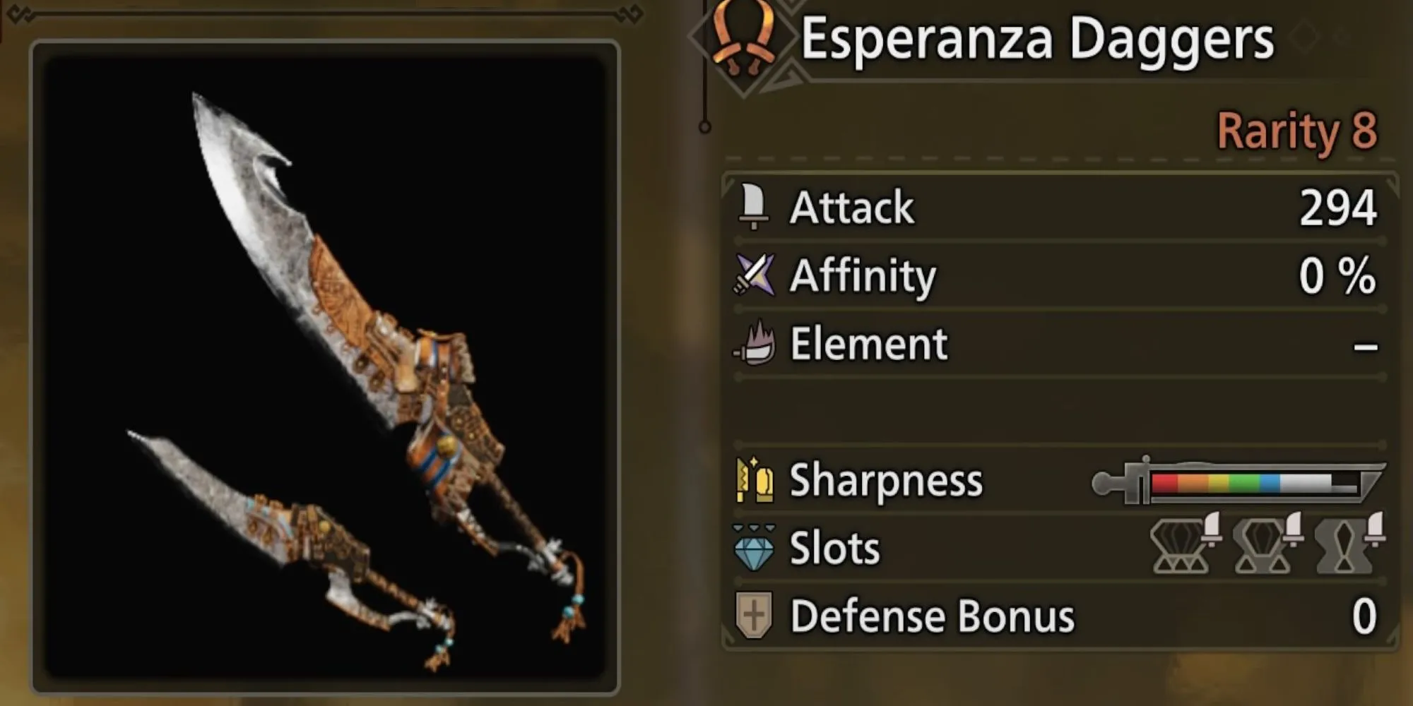 Song Đao Esperanza Daggers trong Monster Hunter Wilds với vẻ ngoài mạnh mẽ