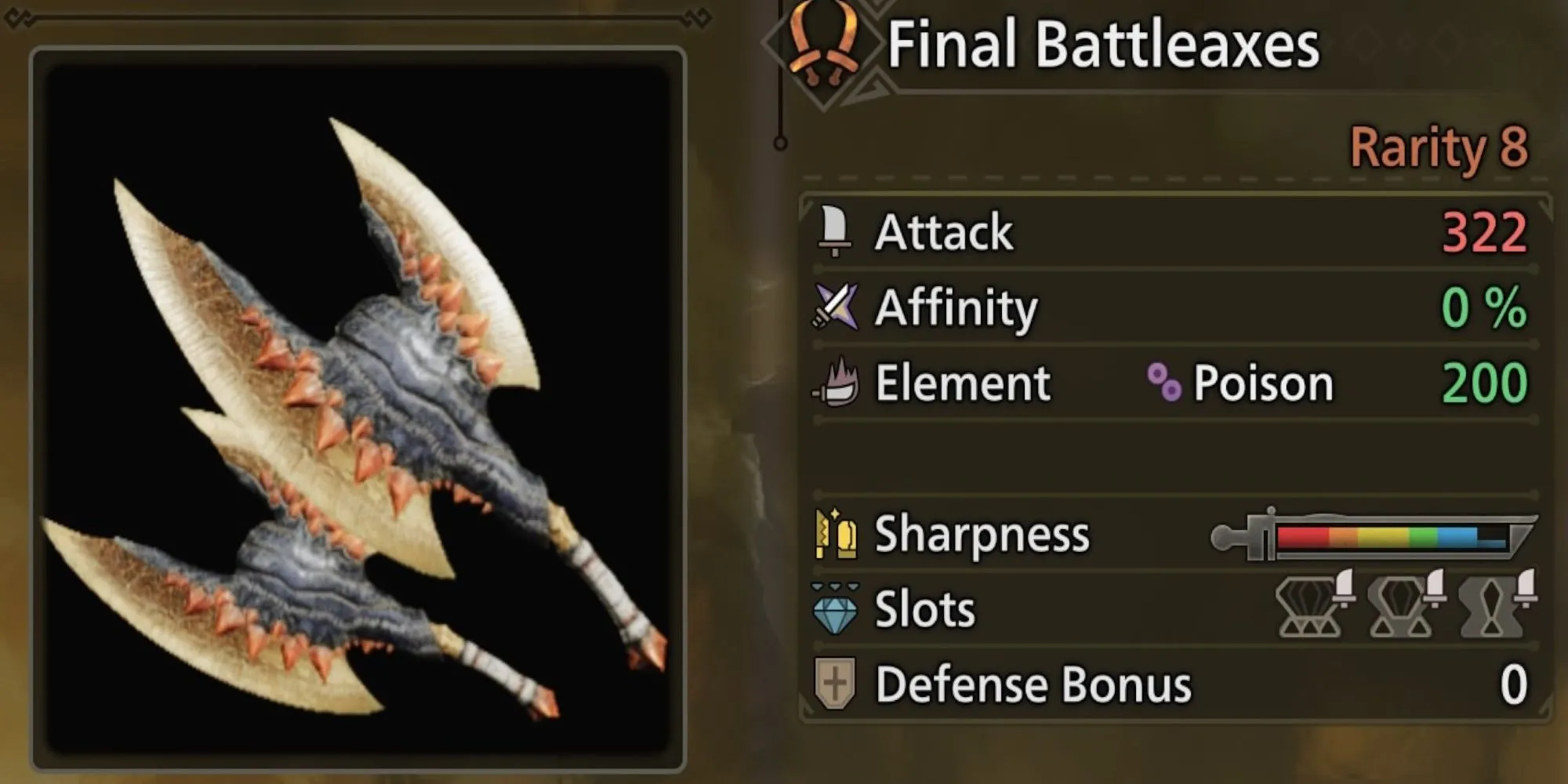 Song Đao Final Battleaxes trong Monster Hunter Wilds với nguyên tố Độc từ Gypceros