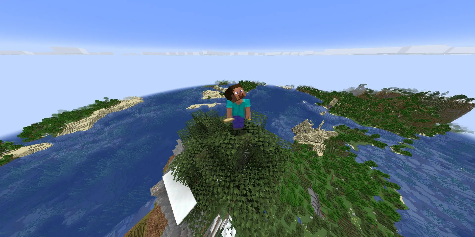 Steve đứng trên cây trên đỉnh núi cao và hiểm trở trong Minecraft 1.18