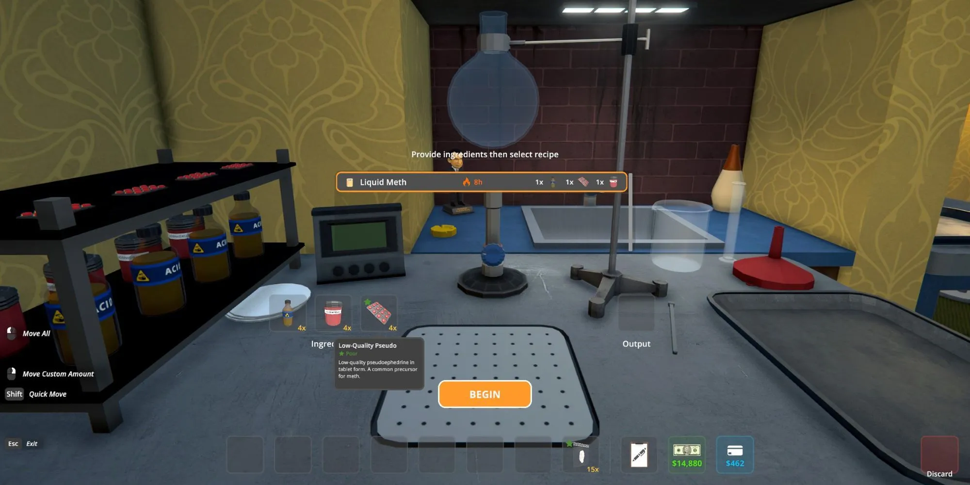 Sử dụng Pseudo tại Trạm Hóa Học trong game Schedule I để chế tạo Meth