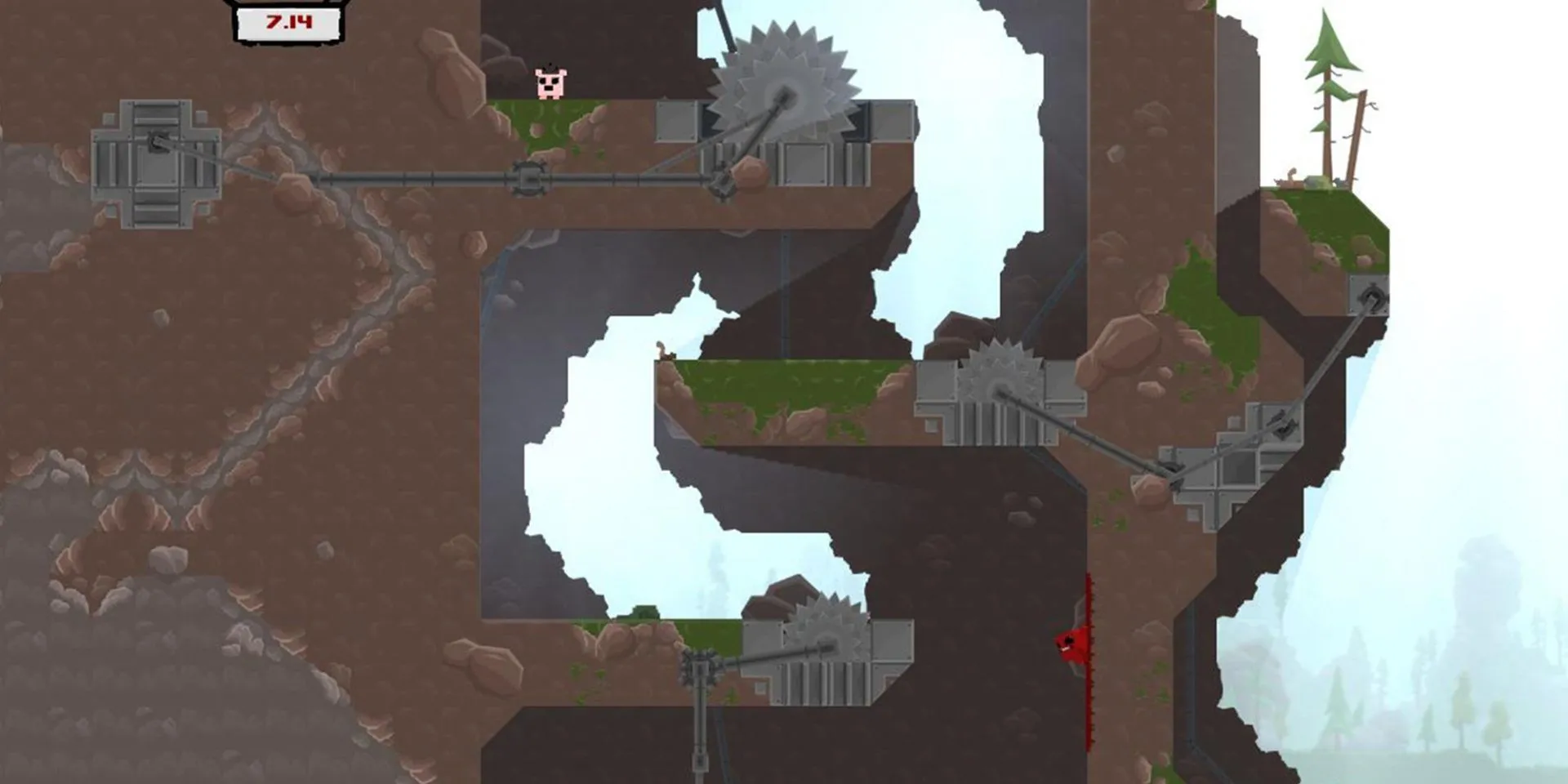 Super Meat Boy nhảy qua chướng ngại vật để cứu Bandage Girl trong game platformer khó Super Meat Boy