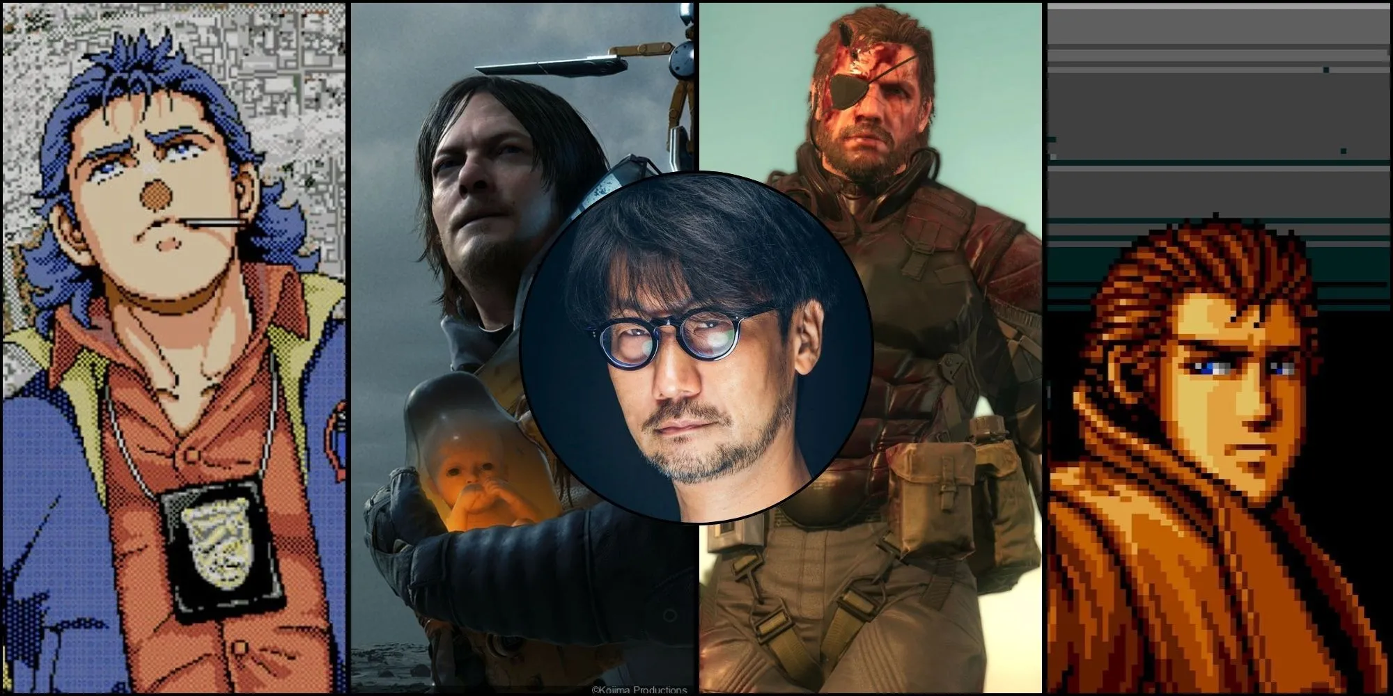 Tổng hợp hình ảnh các tựa game nổi tiếng của Hideo Kojima như Metal Gear, Snatcher và Death Stranding