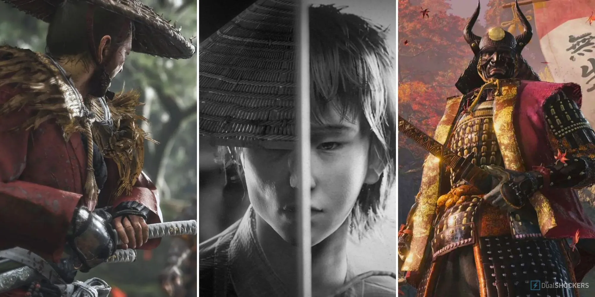 Các nhân vật từ Ghost of Tsushima, Trek to Yomi, Sekiro Shadows Die Twice trong bối cảnh Nhật Bản thời phong kiến.