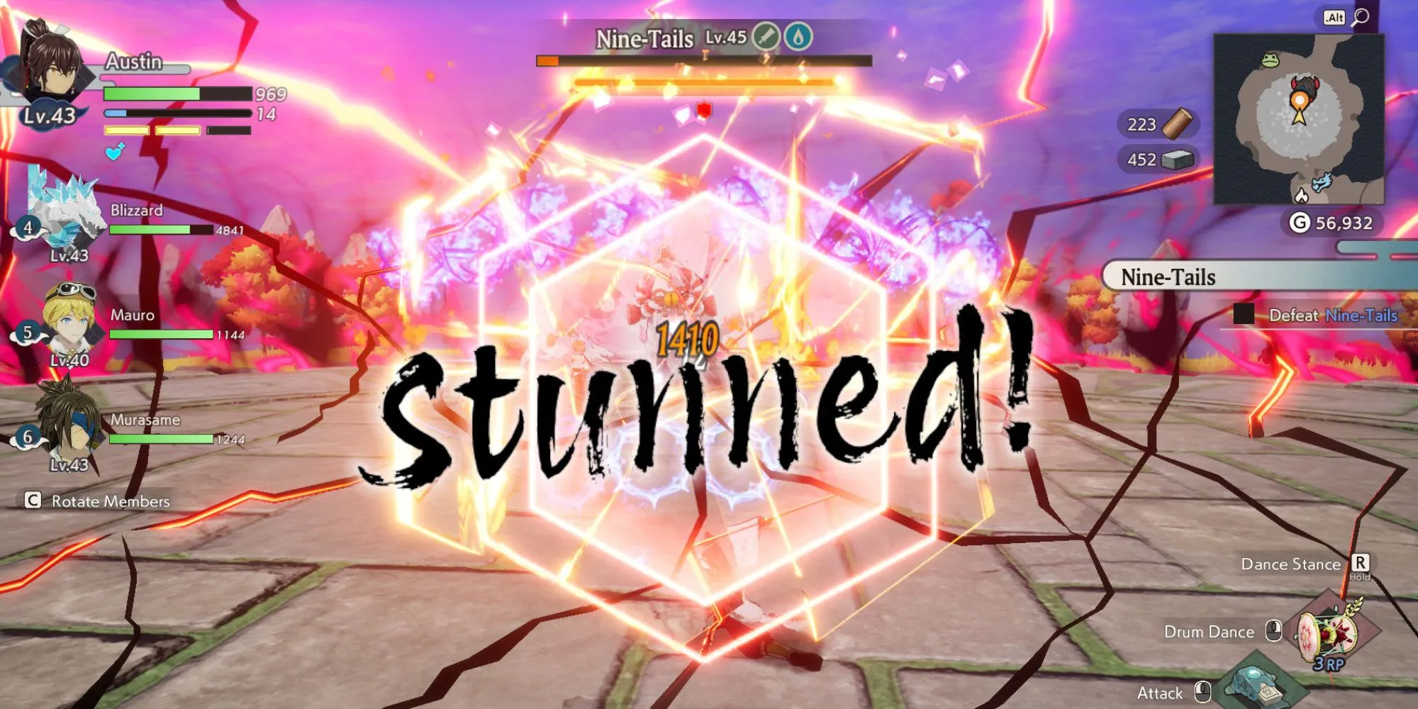 Làm choáng boss Cửu Vĩ Hồ (Nine-Tails) trong Rune Factory Guardians of Azuma.