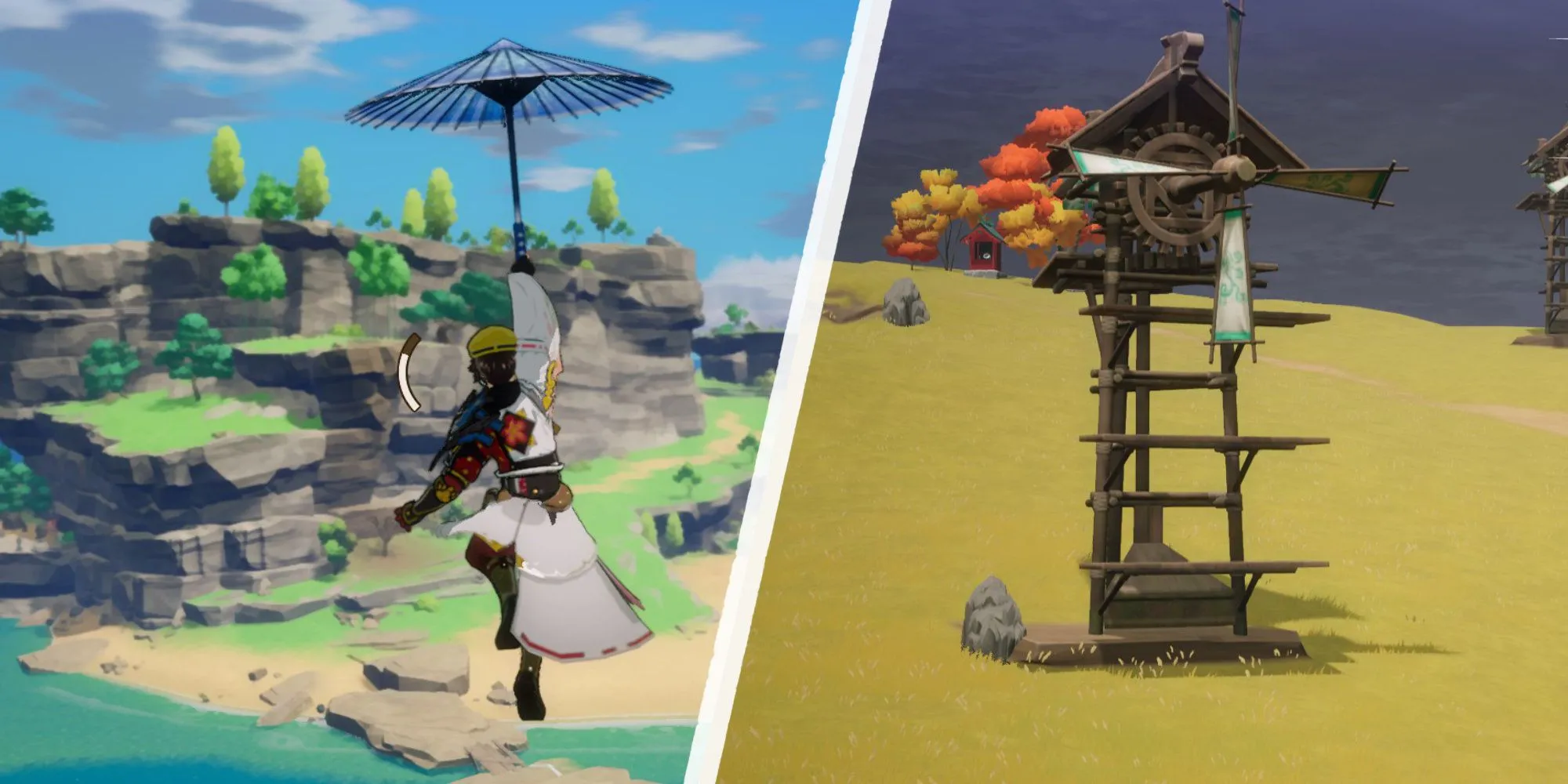 Sử dụng ô dù để lướt và leo cối xay gió khi khám phá thế giới trong Rune Factory Guardians of Azuma.