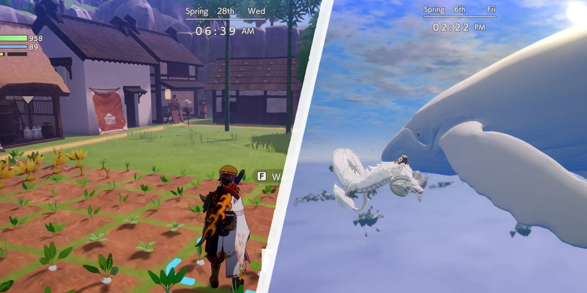 Xây dựng ngôi làng và bay gần cá voi trong game Rune Factory Guardians of Azuma.