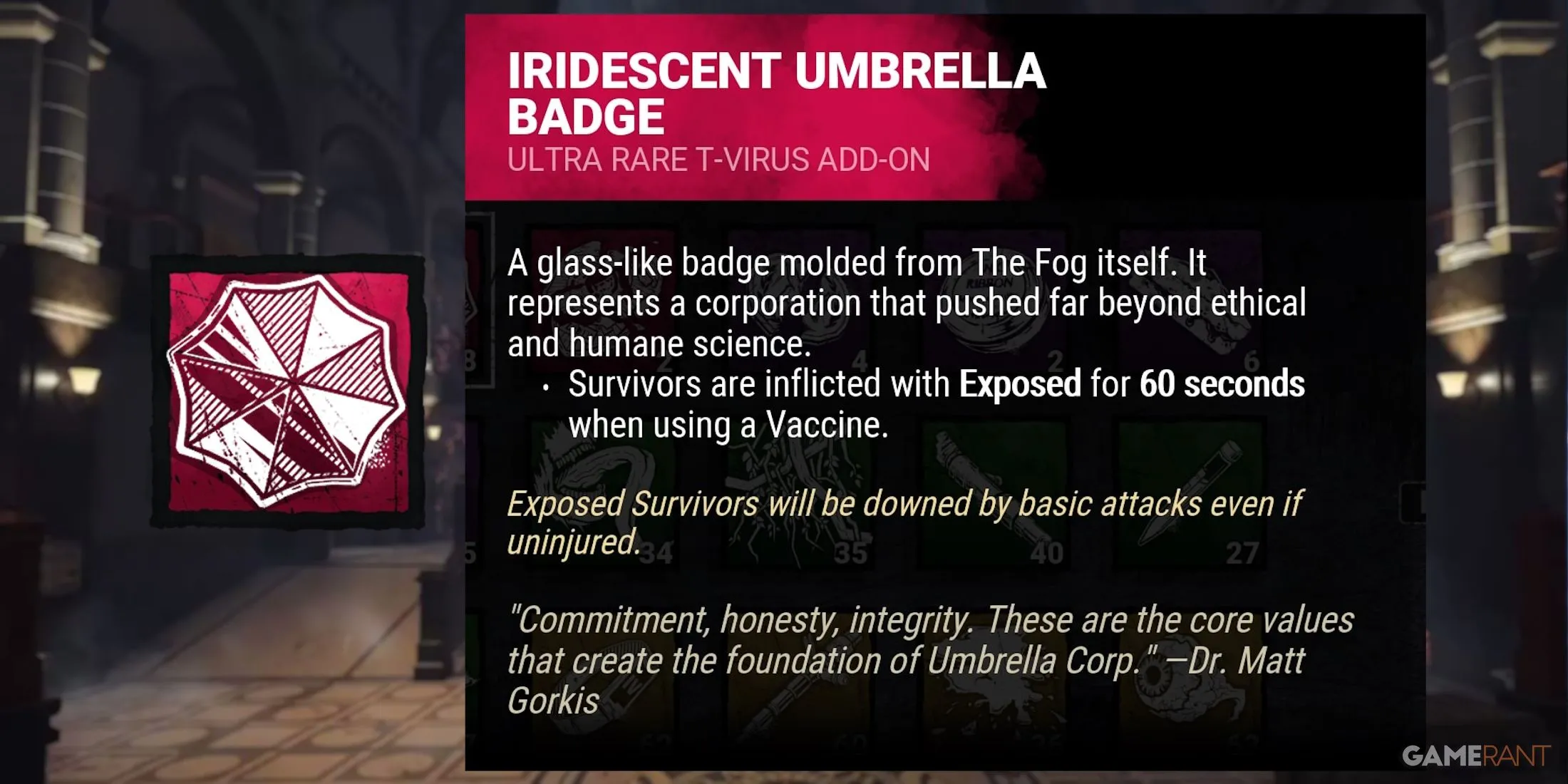 Add-on Huy Hiệu Dù Màu Cầu Vồng (Iridescent Umbrella Badge) của Nemesis trong Dead by Daylight