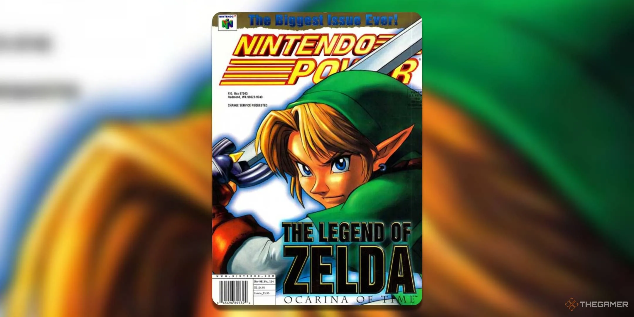 Ấn phẩm Nintendo Power tháng 11 năm 1998 với hình ảnh Link từ tựa game huyền thoại The Legend Of Zelda: Ocarina Of Time.