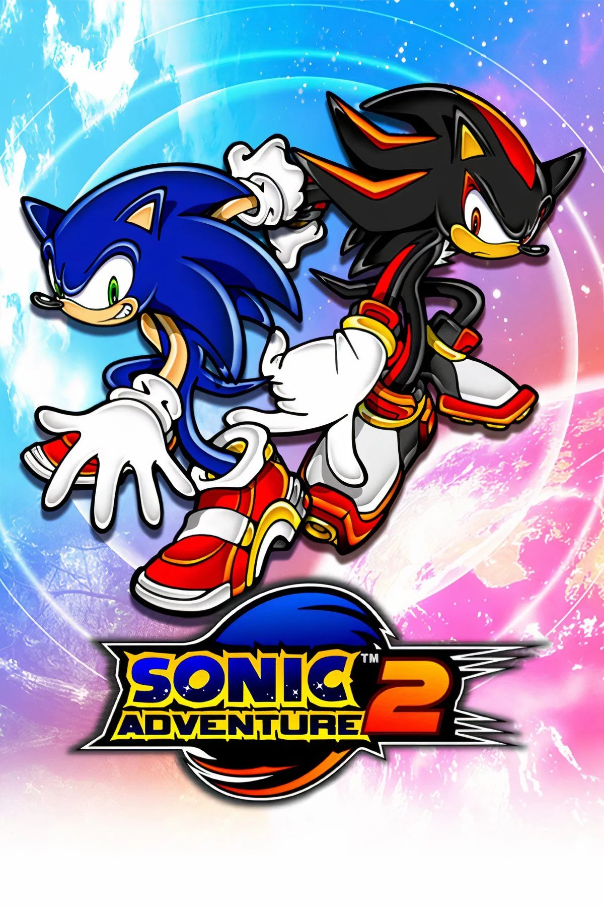 Ảnh bìa game Sonic Adventure 2 với Sonic, Shadow, Tails, Eggman, Knuckles và Rouge, thể hiện sự đối đầu giữa các phe và dàn nhân vật đa dạng.