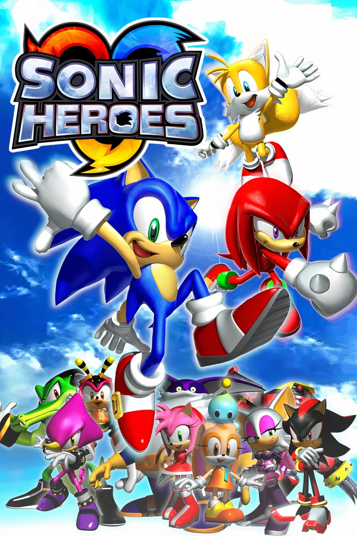 Ảnh bìa game Sonic Heroes với bốn đội hình khác nhau: Team Sonic, Team Dark, Team Rose và Team Chaotix, thể hiện lối chơi đồng đội độc đáo.