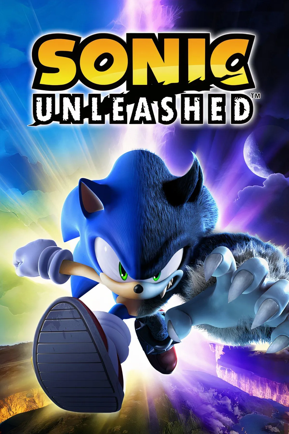 Ảnh bìa game Sonic Unleashed với Sonic ở dạng bình thường và dạng Werehog, tượng trưng cho hành trình khám phá thế giới đa dạng cả ngày lẫn đêm.