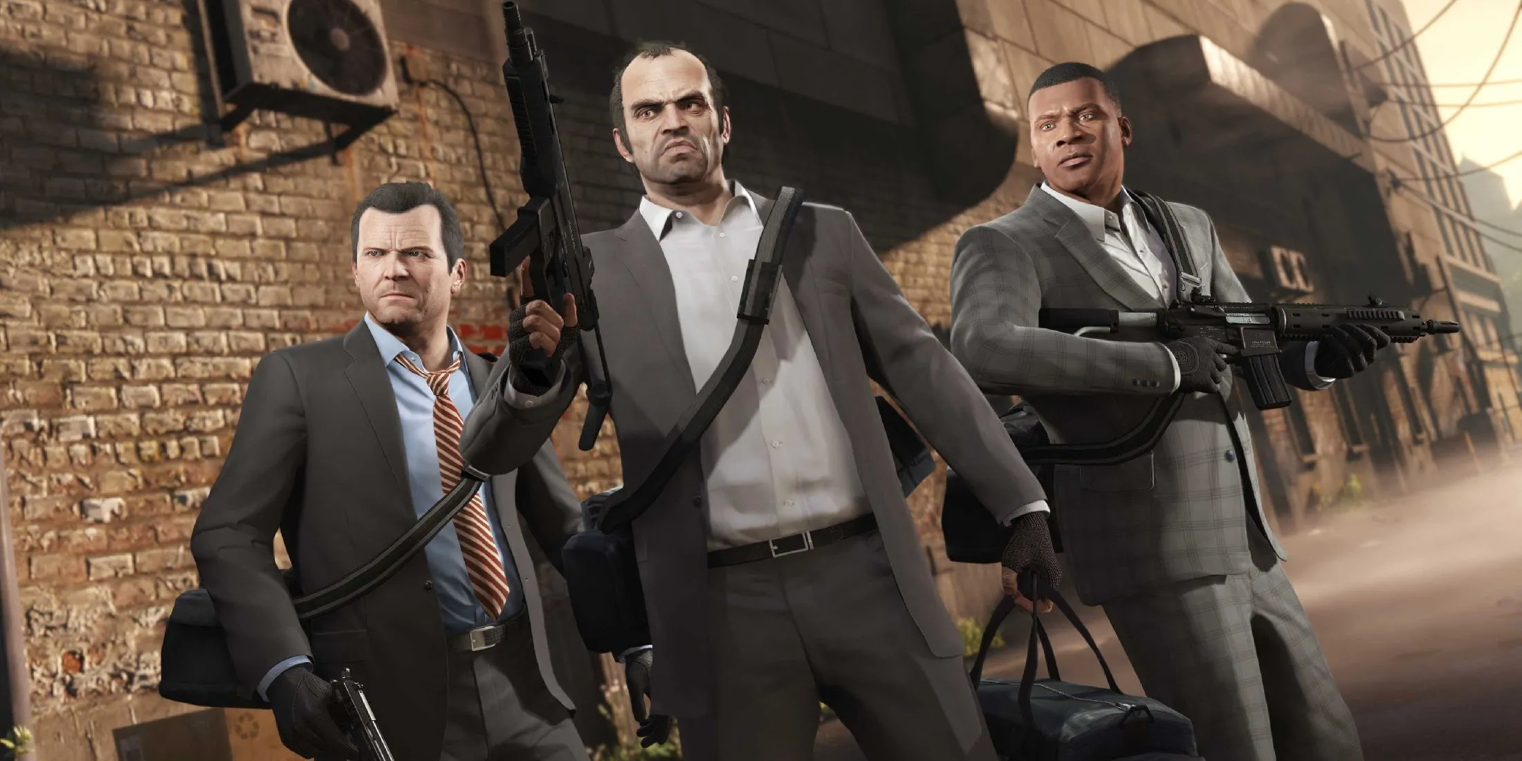 Ảnh chụp màn hình GTA V với Michael, Trevor và Franklin cùng nhau, thể hiện sự kết nối của ba nhân vật trung tâm