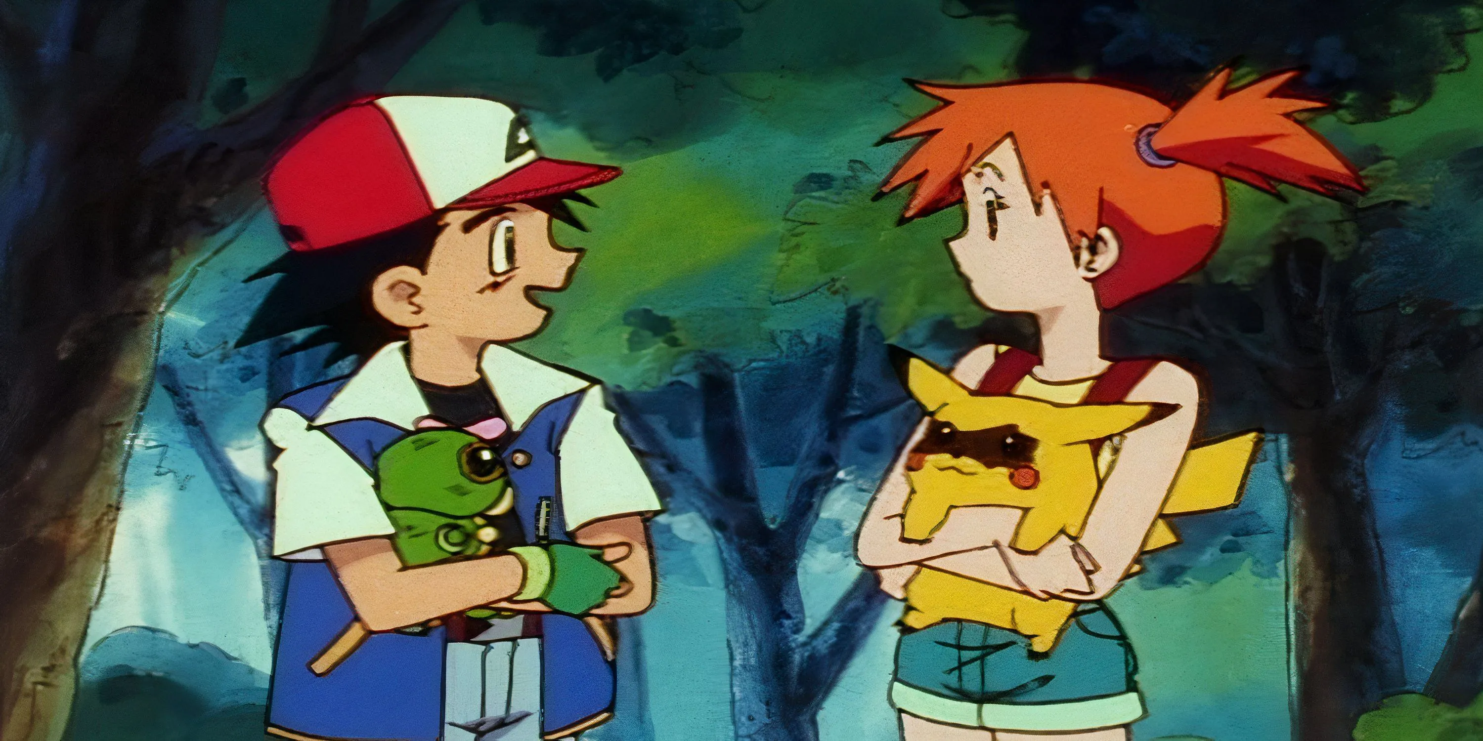 Ash Ketchum cùng Caterpie và Misty bên Pikachu, minh họa sự gắn kết khi trao đổi Pokémon.