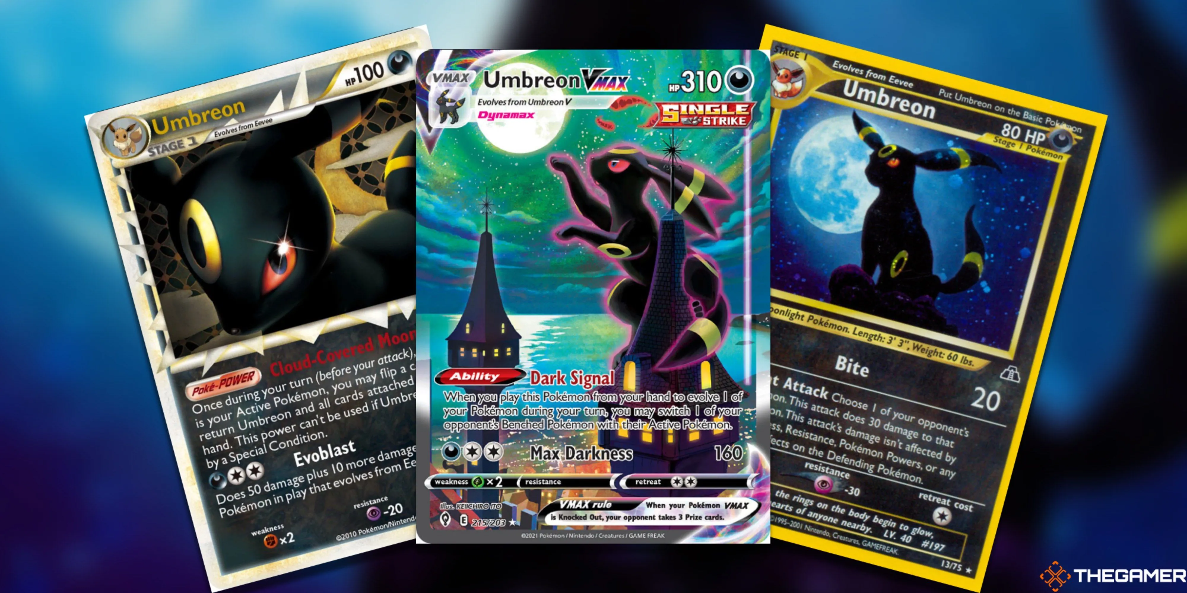 Ba thẻ bài Pokemon TCG Moonbreon (Umbreon VMAX Alt Art) huyền thoại được trưng bày, biểu tượng của giá trị sưu tầm.