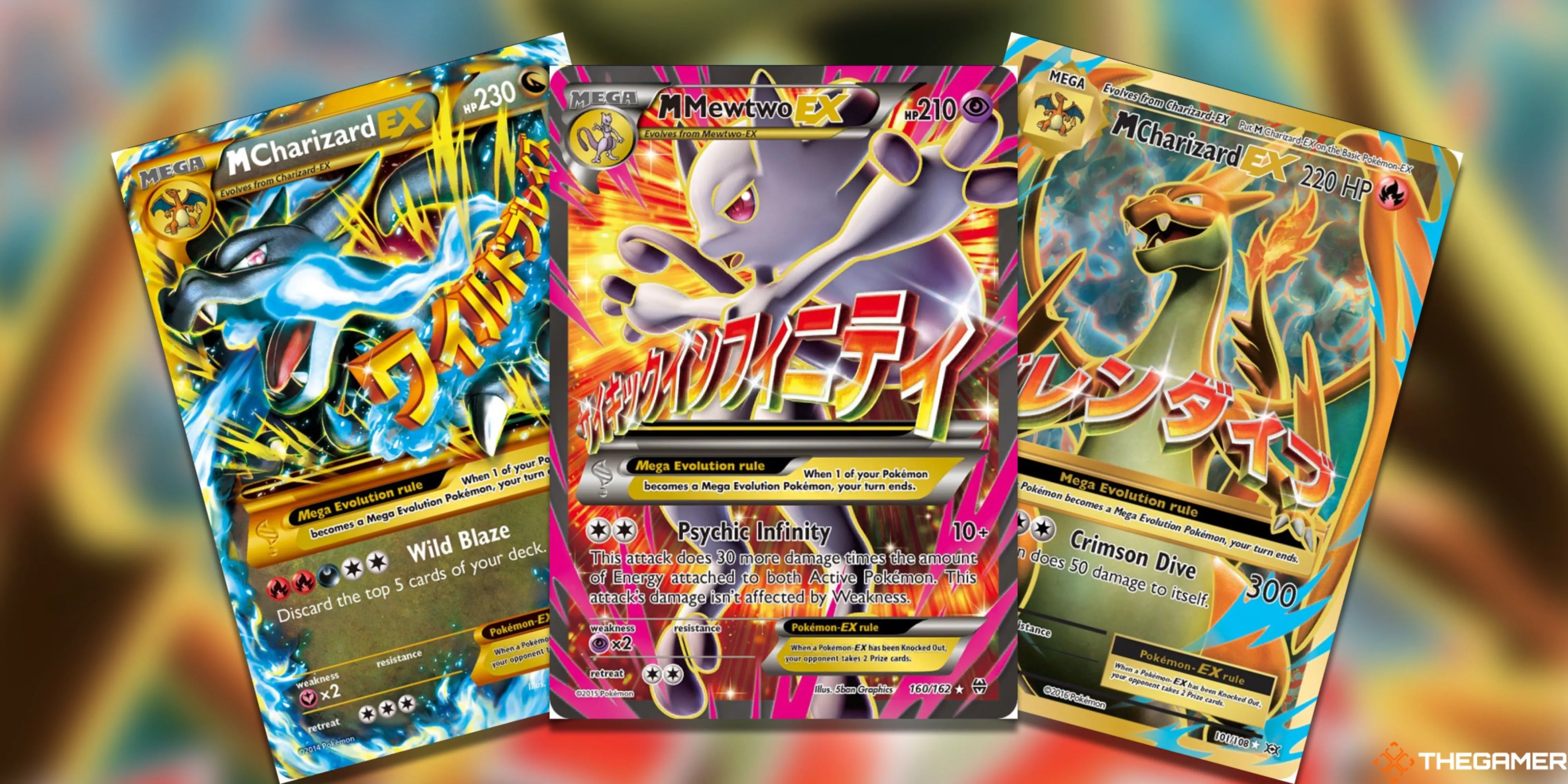 Ba thẻ Mega Pokemon EX mạnh mẽ (M Charizard X EX, Mewtwo Y EX, M Charizard Y EX) từ Pokemon TCG kỷ nguyên XY, biểu tượng của sự tiến hóa Mega.
