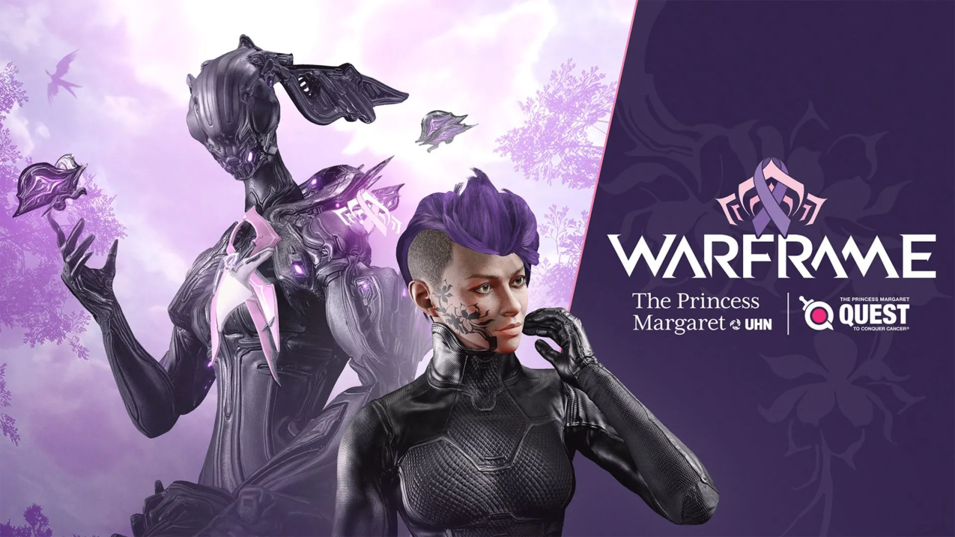 Banner chiến dịch Quest to Conquer Cancer (QGCC) năm 2024 trong Warframe, minh chứng cho tấm lòng nhân ái của cộng đồng Tenno.