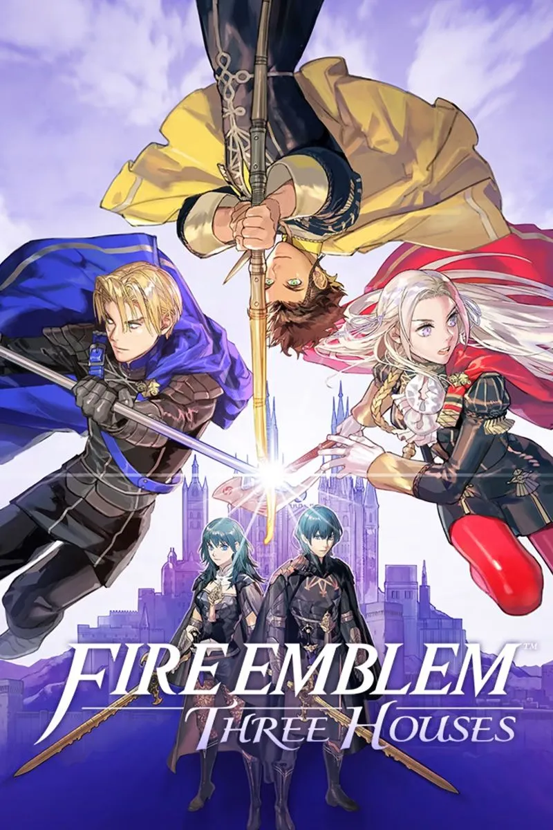 Bìa game Fire Emblem: Three Houses, với các nhân vật chính từ ba nhà, biểu trưng cho sự lựa chọn và định hướng chiến lược trong game.