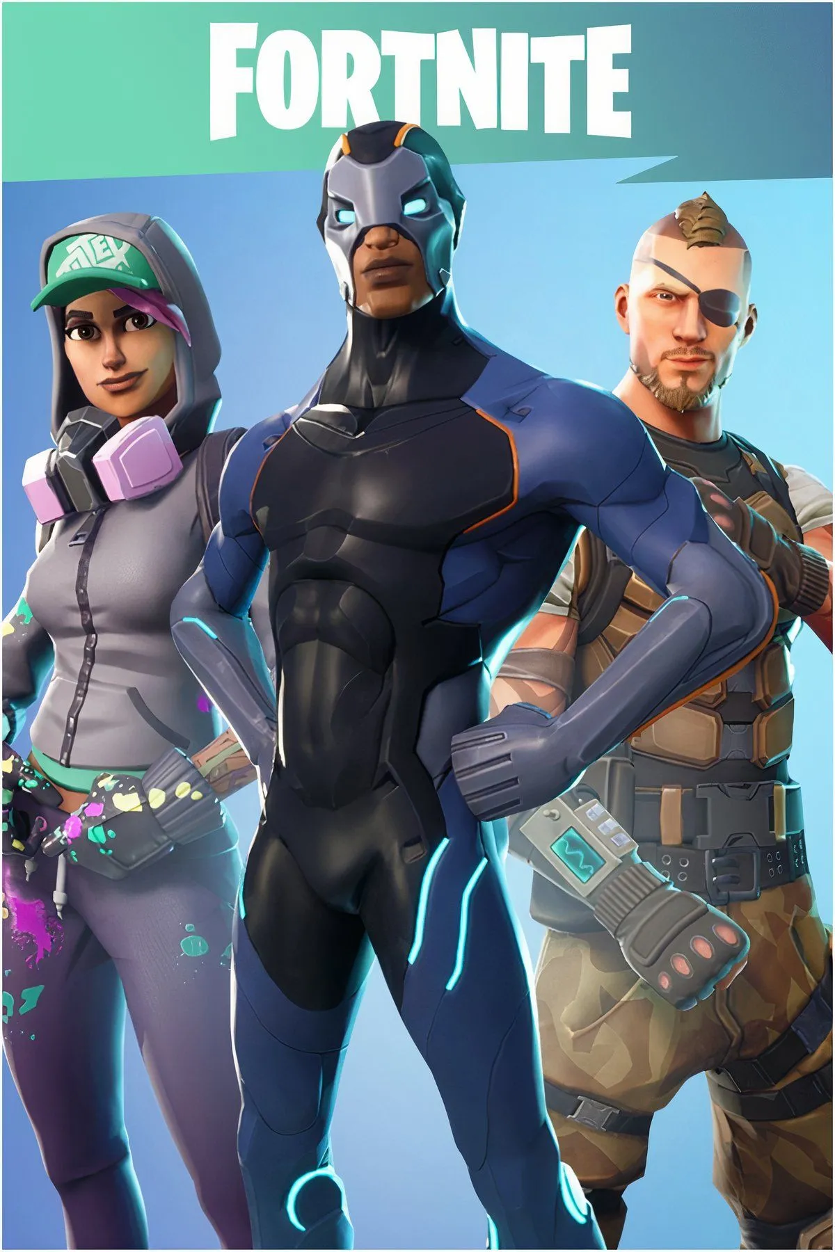 Bìa game Fortnite với các nhân vật nổi tiếng trong vũ trụ đa dạng, biểu tượng của dòng game Battle Royale đầy màu sắc