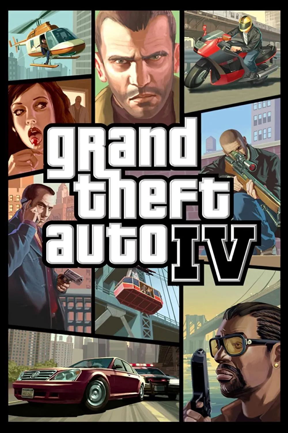 Bìa game Grand Theft Auto IV với nhân vật chính Niko Bellic và các cảnh tượng thành phố
